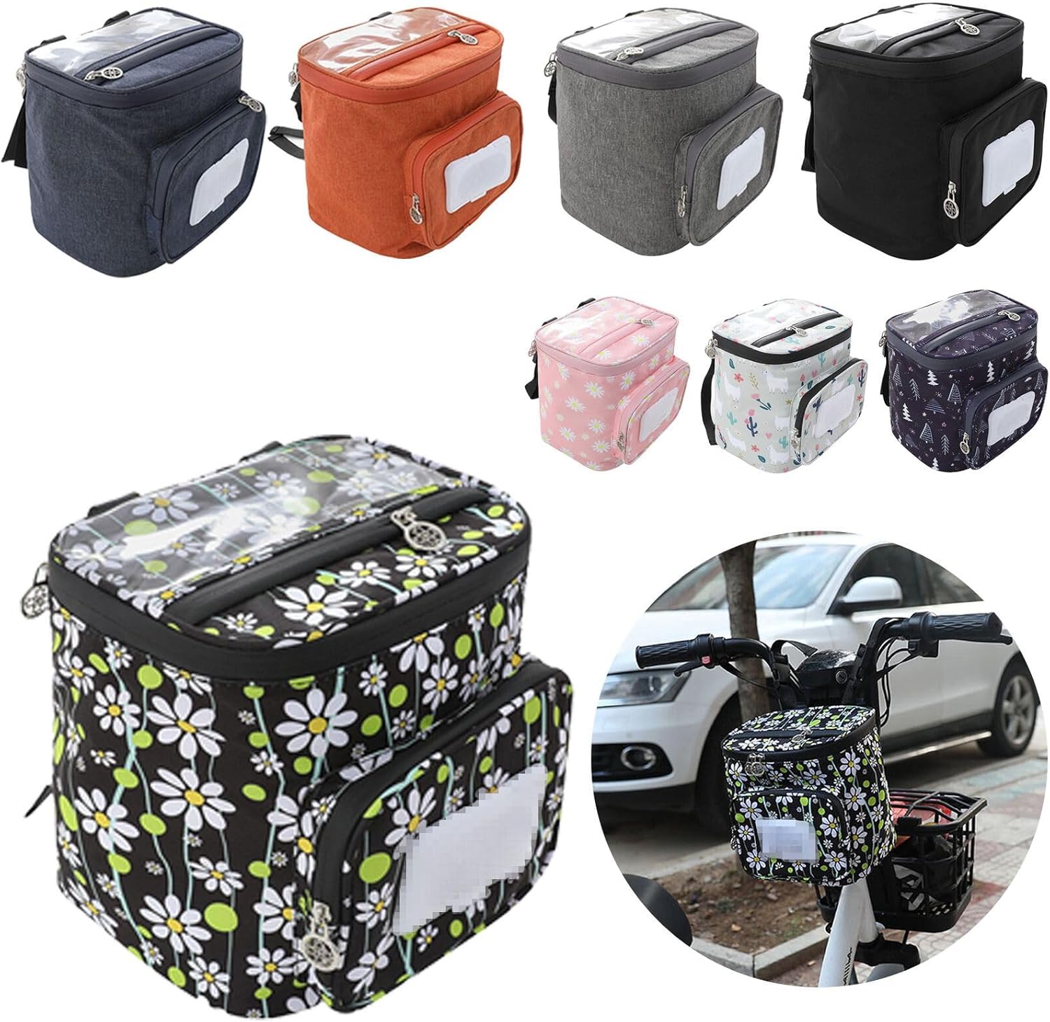 Electric Scooter Front Pouch - Waterproof Bag with Phone Holder and Floral Print, Black Floral, 8.3"x7.5" / 21x19 cm