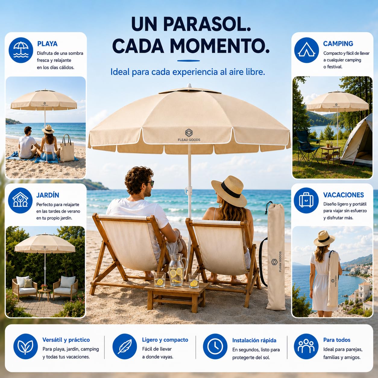 Fleau Set de playa protección solar 175 cm - Set de sombrilla - Incluye base y funda - Set de playa con esterilla de playa
