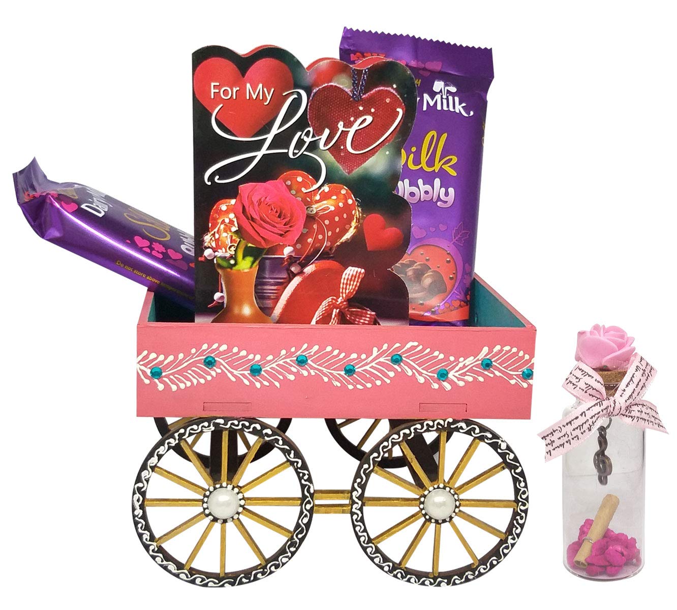 Saugat Traders Birthday Gift Combo - Decorative Basket with 2 Chocolates, Small Greeting Card, Message Bottle