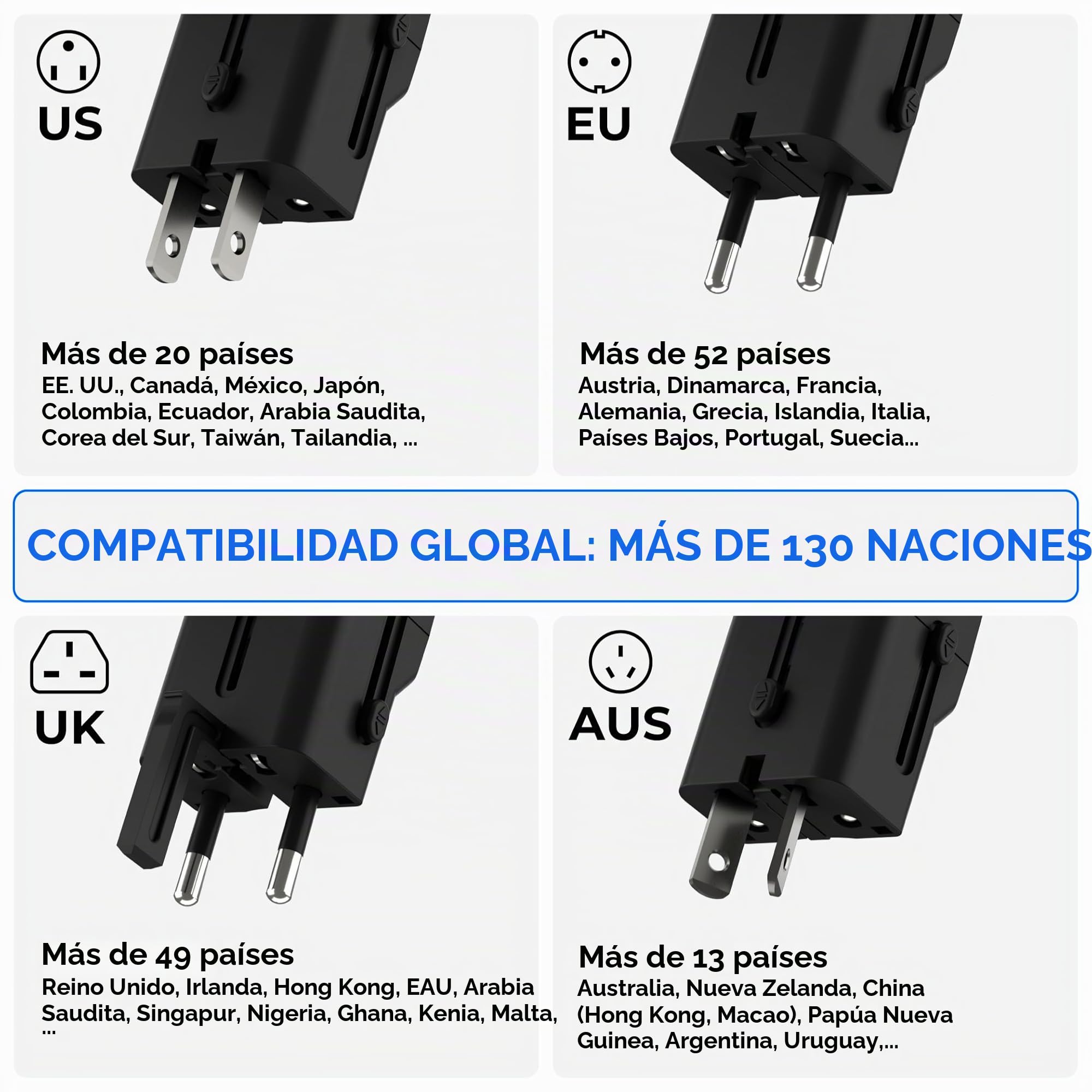 Rolling Square Portable Pocket Travel Adapter - Adaptador de Viaje de Bolsillo Portátil, Cargador USB-C Universal para 200+ Países US, EU, UK, AU, Carga Rápida 30W para Smartphones, Compacto, Negro