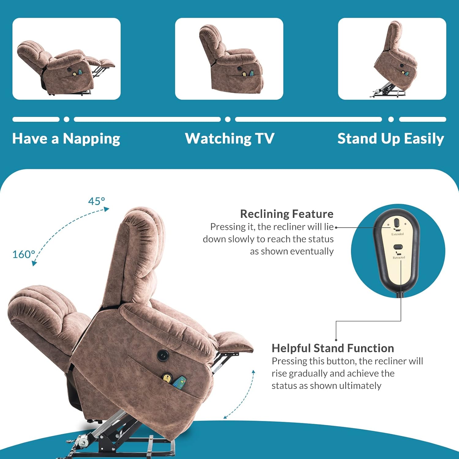 Large Power Lift Recliner Chair with Massage and Heat for Elderly Overstuffed Wide Oversized Electric Recliner with 2 Remote Controls, 2 USB Ports & 2 Side Pockets (Fabric Brown)