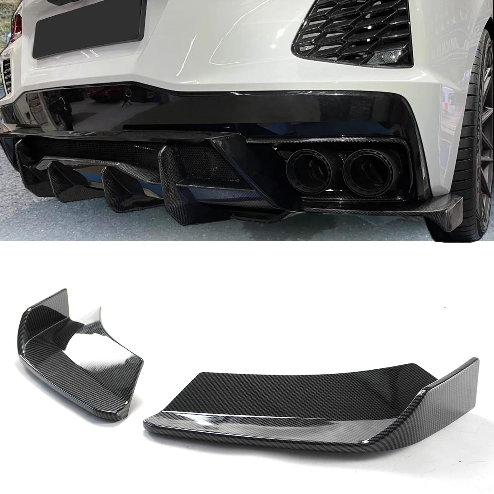 C8 Rear Bumper Splitters for Chevrolet Corvette C8 Stingray Z51 2-Door 2020-2024 STG 3 Add-On Rear Bumper Splitter Canards Fins Side Corner Splitter Aprons (Carbon Fiber Print)