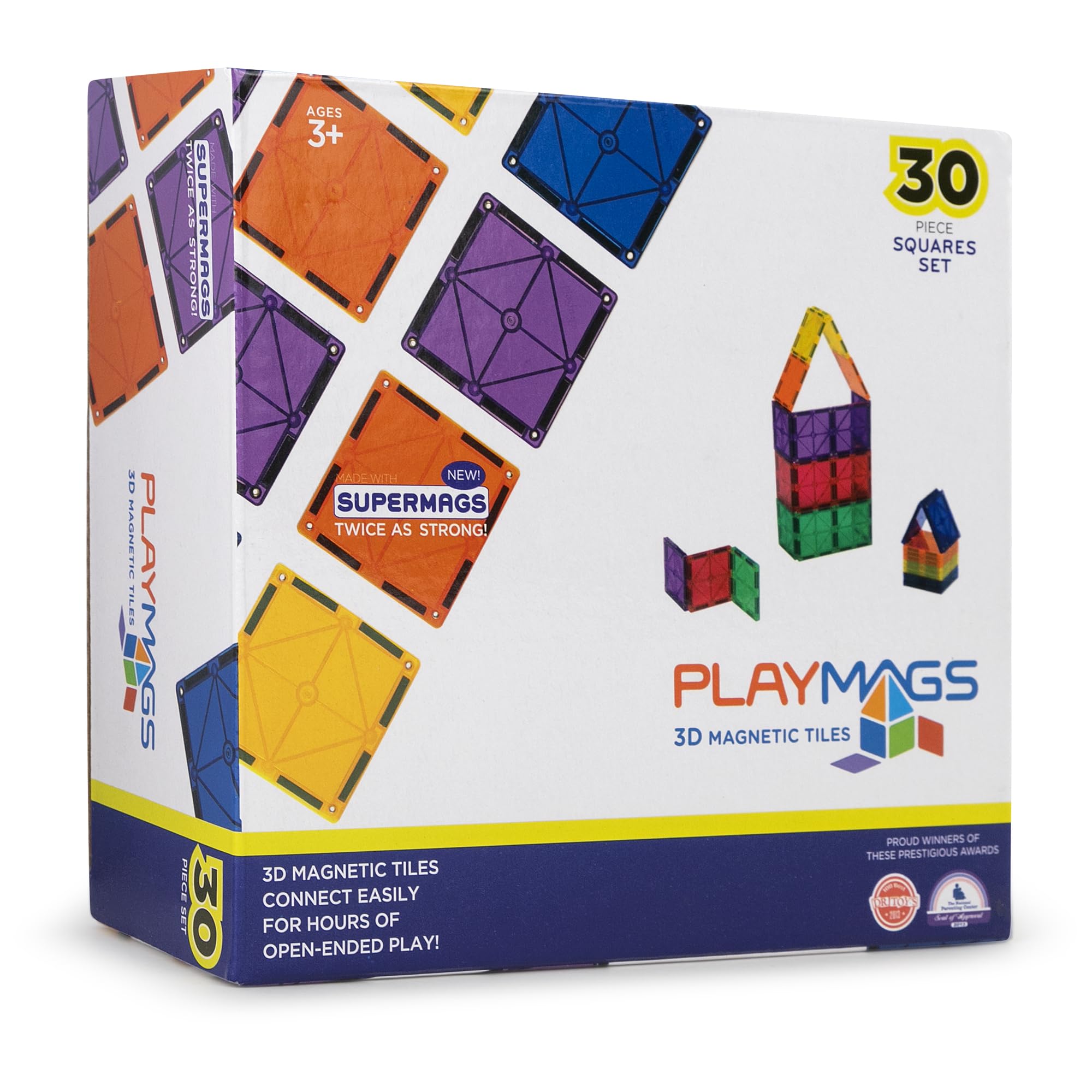 Playmags Jeu De 30 Tuiles Magnétiques pour Enfants – Blocs De Construction Magnétiques – Aimants Puissants Et Conception Robuste – Jouets De Construction STEM 3D pour Enfants