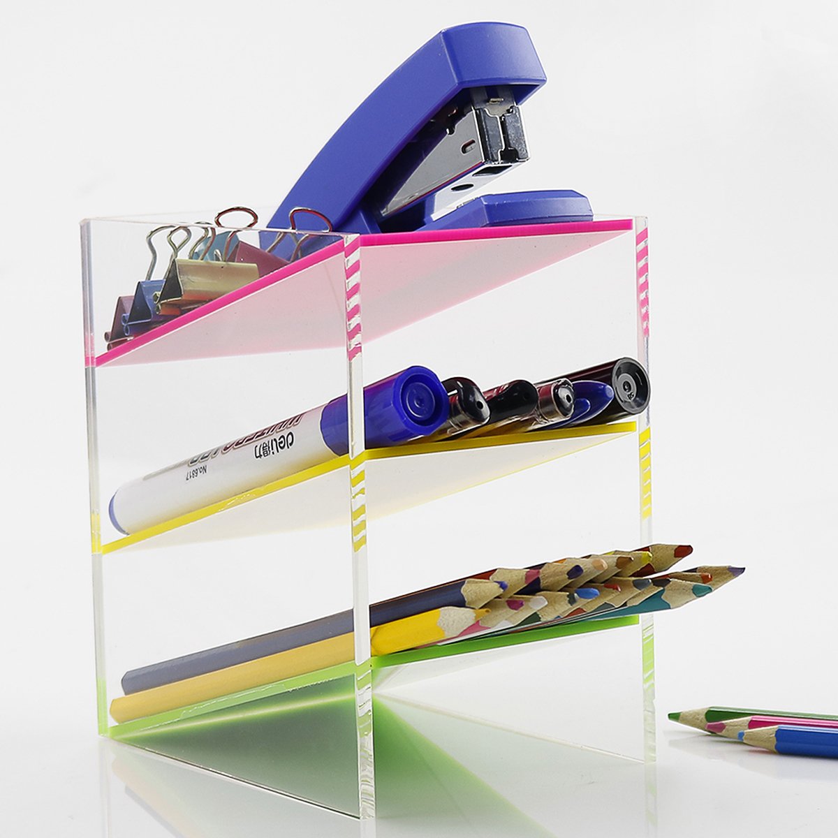 Acrylic Pen Holder, Clear Cute Pencil Cup Holder with two Magenetic Picture Frame for Home Office and Kids