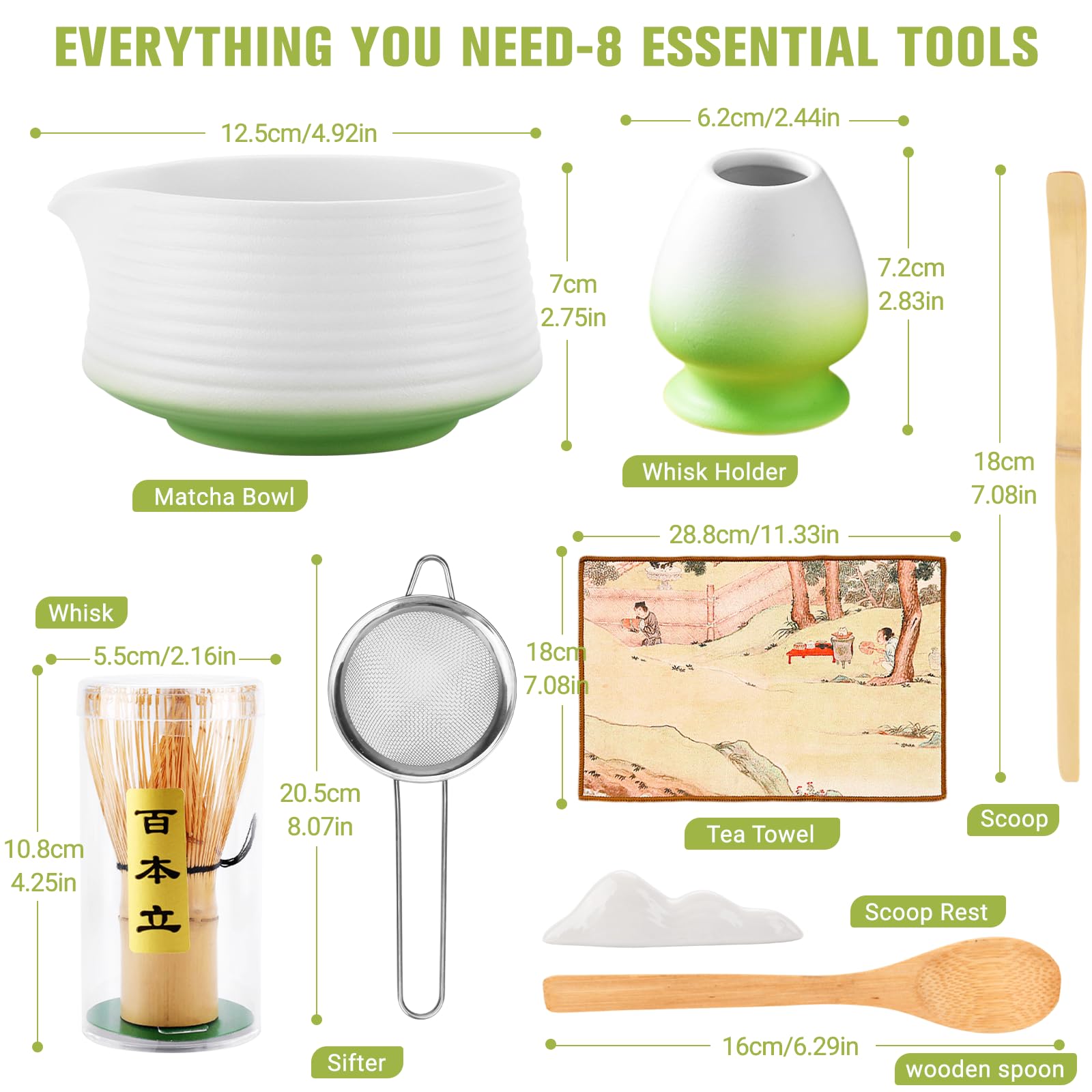 USHOP Matcha Kit 8 pezzi,Set da tè Matcha,Ciotola Matcha con beccuccio,Matcha Whisk,Supporto Chasen,Cucchiaio di Matcha,Setaccio,Tovagliolo da Tè,Portacucchiaio,Set Matcha per Principianti Regalo
