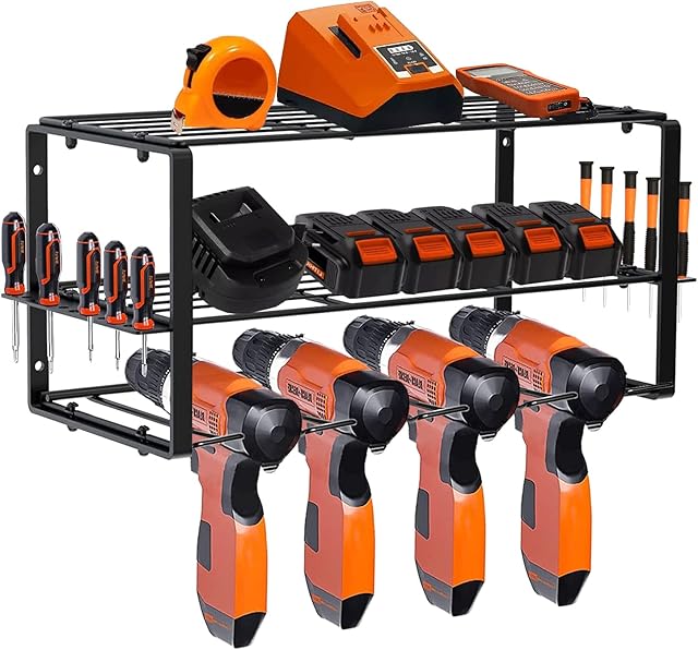 BlueDirects Power Tool Storage Organizer - Heavy Duty Floating Shelf Holds 4 Drills & 20 Screwdrivers Drill Holder Compact Steel Design Wall Mounted Rack Handheld Tools, Black