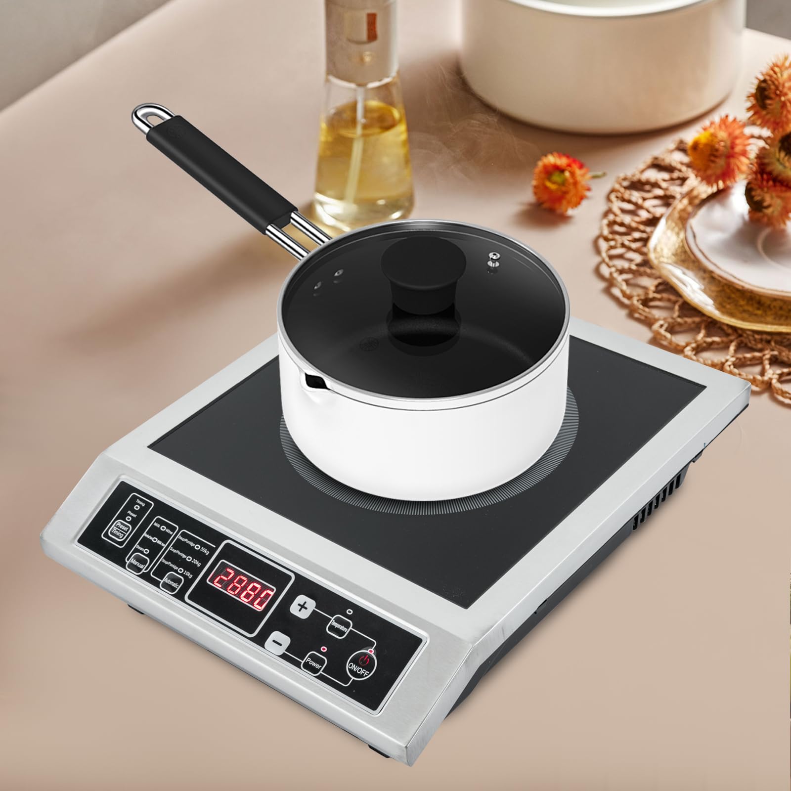 Piano cottura a induzione professionale da 3500 W con 8 livelli di regolazione della temperatura e della potenza, fornello a induzione per cucina, camper, campeggio, ristorante ed esterno