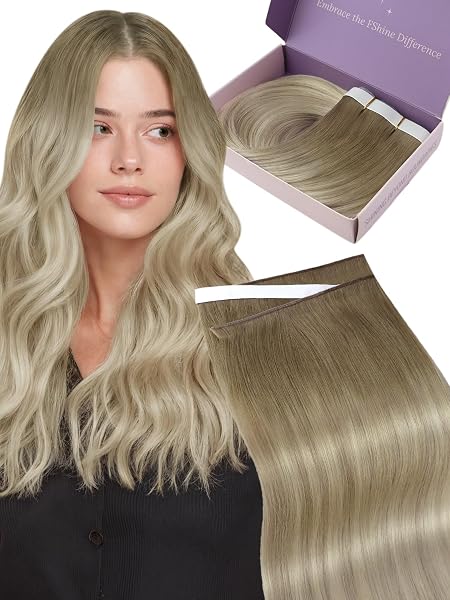 Fshine Genius PU Extension Capelli Veri Biadesivo Umani Extension Biadesive Capelli Veri Castano Chiaro con Meches Biondo Platino 45 cm 50 g 1 pc Nastro Adesivo Invisibile Lisci Matrimonio 8 60 18 - 1