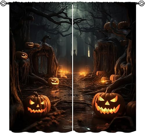 Miniatura 24 de Cortina de Halloween con diseño de araña, calabaza, telaraña, decoración gótica, para decoración de ventana de sala de estar, dormitorio, 42 Estilo