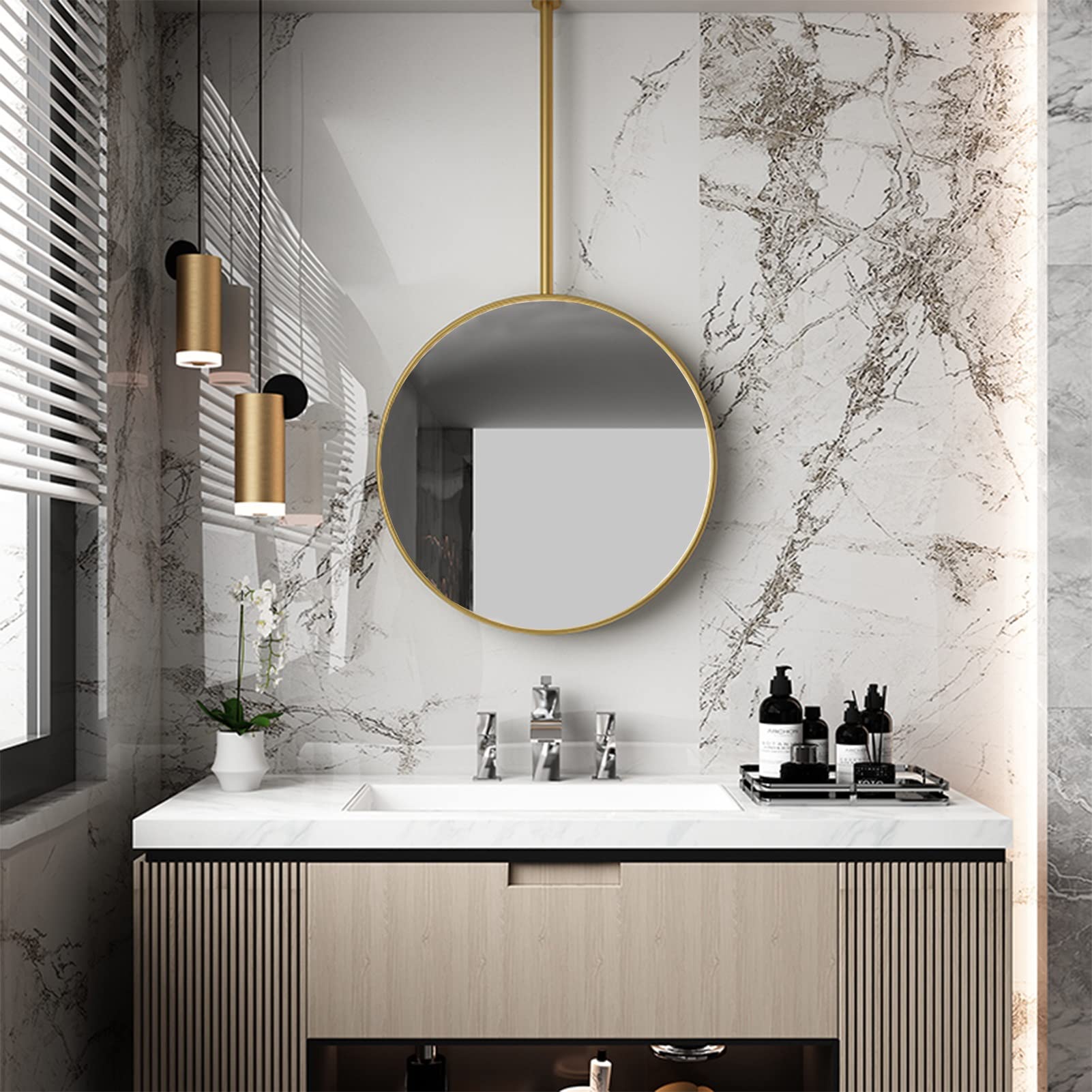 Specchio da Parete con Cornice, Specchio con Asta sospesa a Cerchio Nordico per Bagno Specchio per Trucco cosmetico Montato a soffitto con Cornice in Metallo Nero Specch