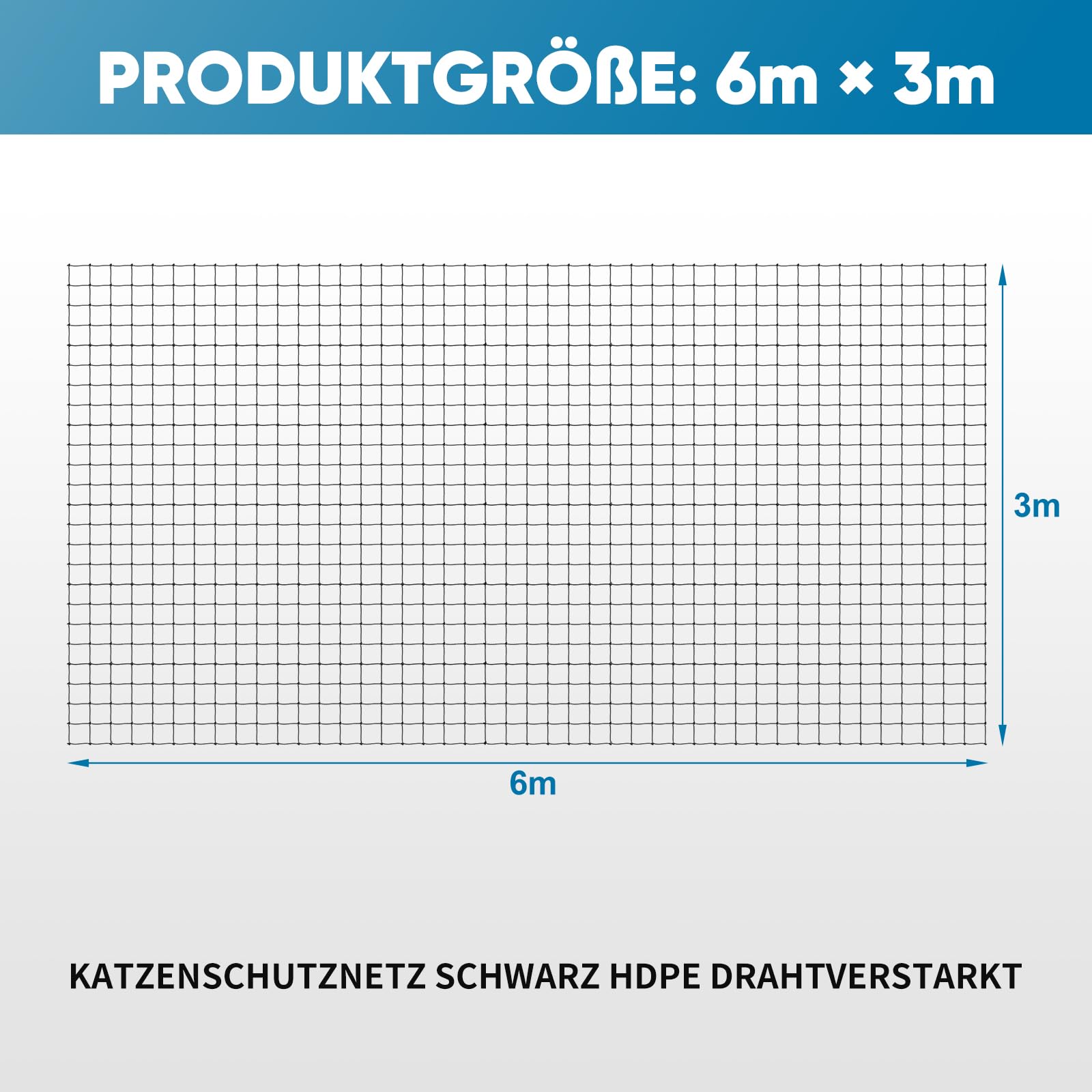 6x3m Katzennetz Drahtverstärkt für Balkon mit Montagezubehör Schwarz | Reißfest und Bissfest und alterungsbeständig durch Nylon(HDPE) und Stahldrahtmaterial, Für Balkonen Fenstern Türen Zäunen