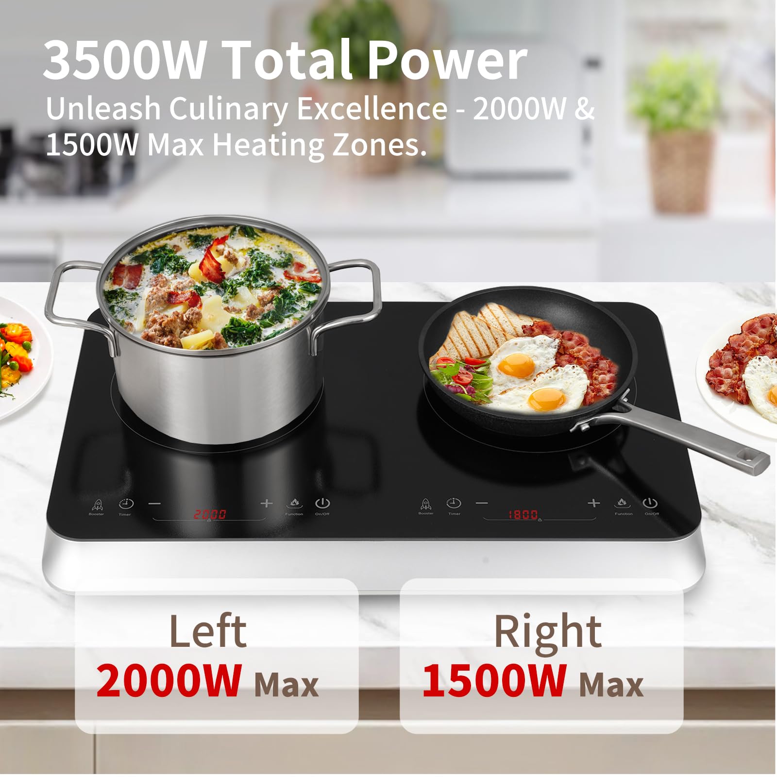 Placa de inducción COOKTRON doble 3500 W con 2 quemadores Touch 9 niveles de potencia, 10 niveles de temperatura, función de temporizador de 4 horas, placa de inducción eléctrica, seguridad infantil