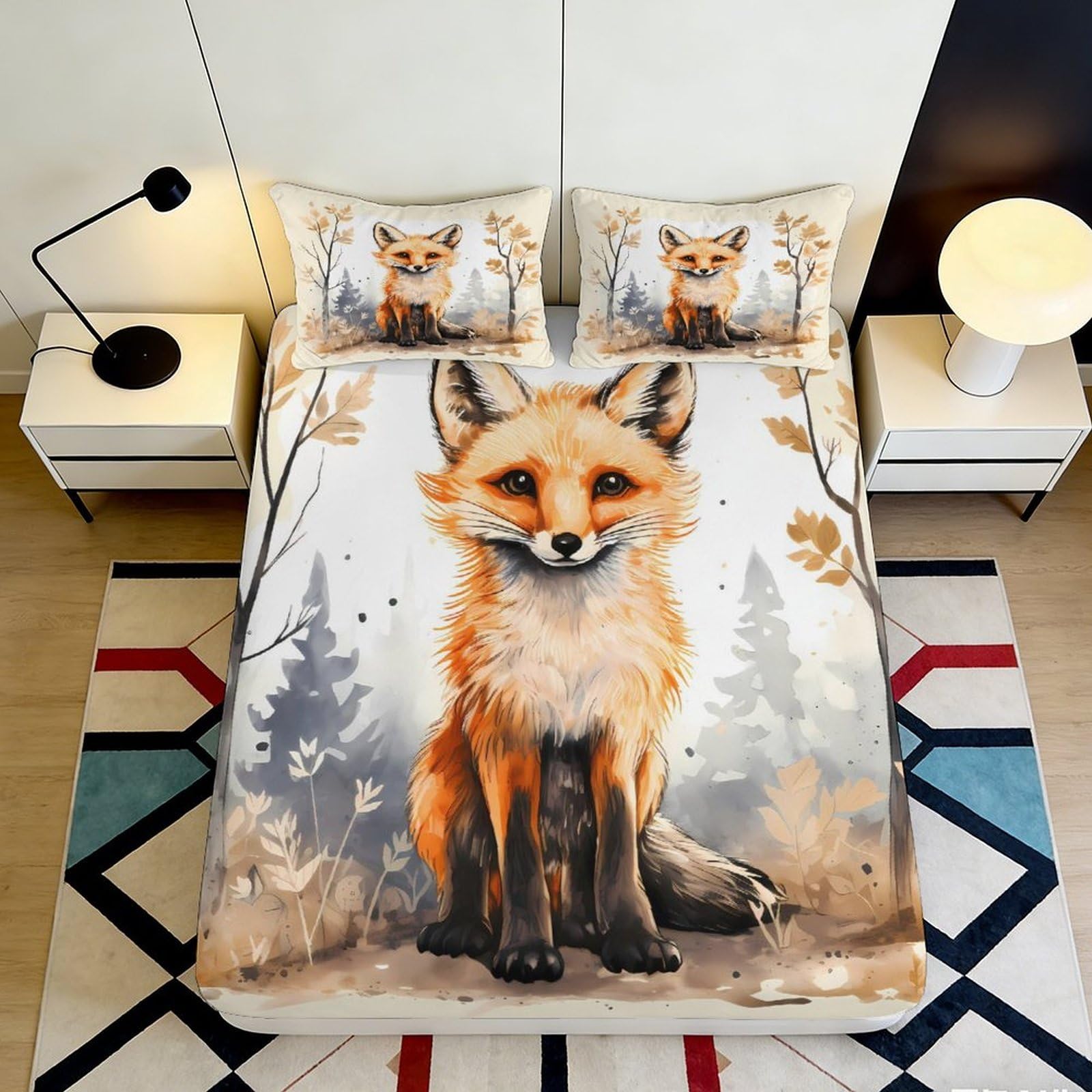 3D Printed Forest Fox Fitted Sheet Microfiber Soft Anti-Slip Autumn Woodland Mattress Cover for Bedroom Dorm Decor 120x200cm 180x200x25cm