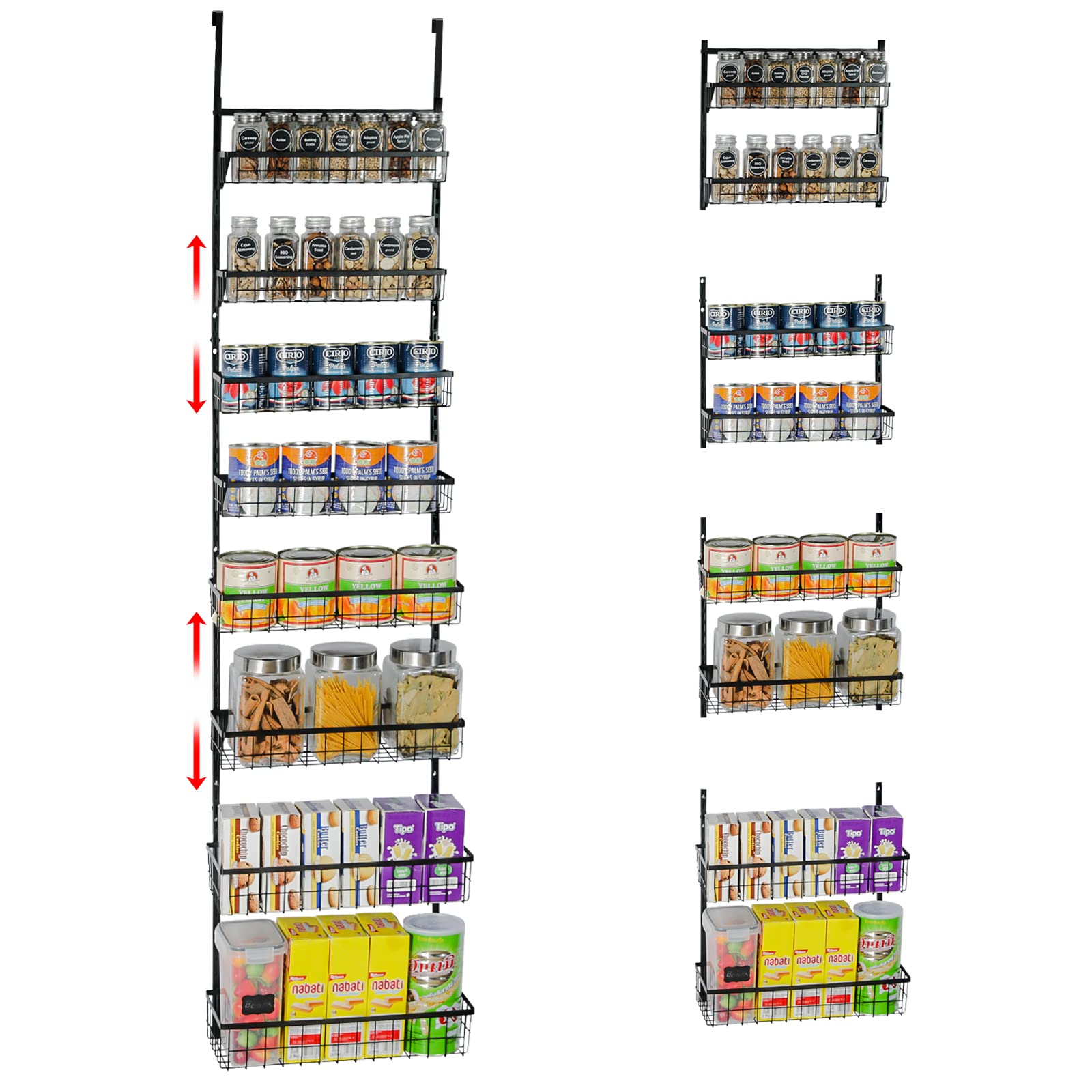 LUMAMUOver the Door Pantry Organizer, 8-Tier Adjustable Metal Baskets Pantry Door Organizer, Over Door Organizer Storage with Detachable Frame, Hanging Spice Rack for Kitchen Pantry Door(Black)