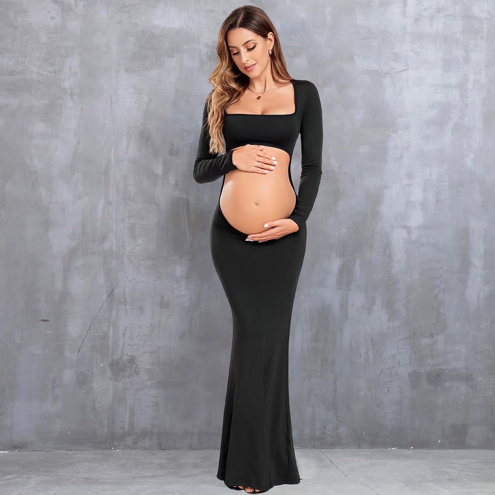 Vestido Largo de Maternidad Mujer para Fotografia Vestidos Premamá Falda Larga Manga Cuello Cuadrado Vestidos de Embarazo Shooting Foto sin Espalda Maxi Vestido de Fiesta