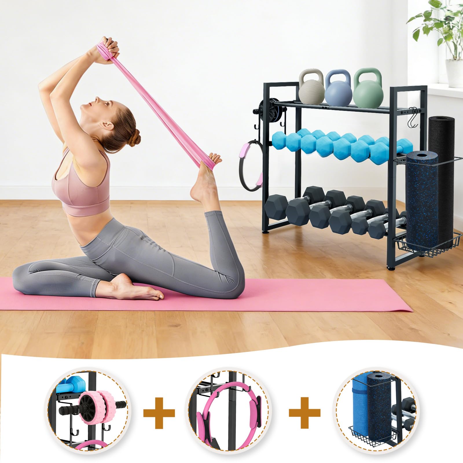 Soporte de pesas de 3 niveles, soporte ajustable para mancuernas con ganchos para almacenamiento de fitness en casa, peso de 390lbs, color negro