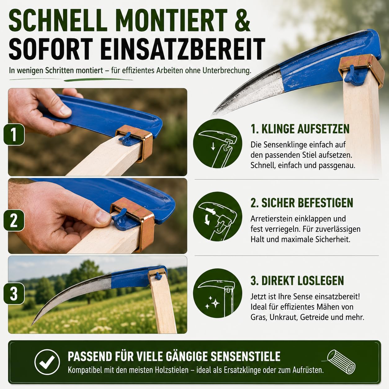 Sense ohne Stil Sägezahngras Wildwuchssense 50/60/70/80/90 cm, Sensensichel für Mähen von Gras Getreide, Unkraut, Handsense, Gartensense Waldsense Unkraut, Sense für Garten (50 cm)