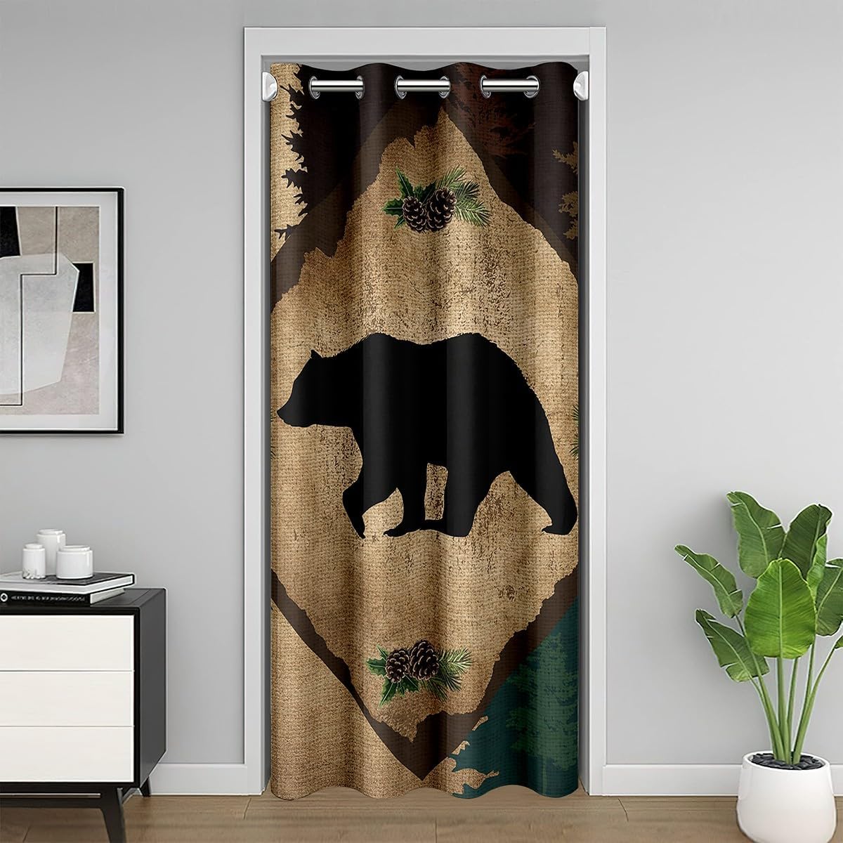 Homewish Rustic Farmhouse Door Curtain 1 Panel 42" W X 80" L Abstract Barn Wooden Stripes Doorway Curtain for Closet Watercolor Wild Trees Western Style Door Drape for Bedroom Privacy