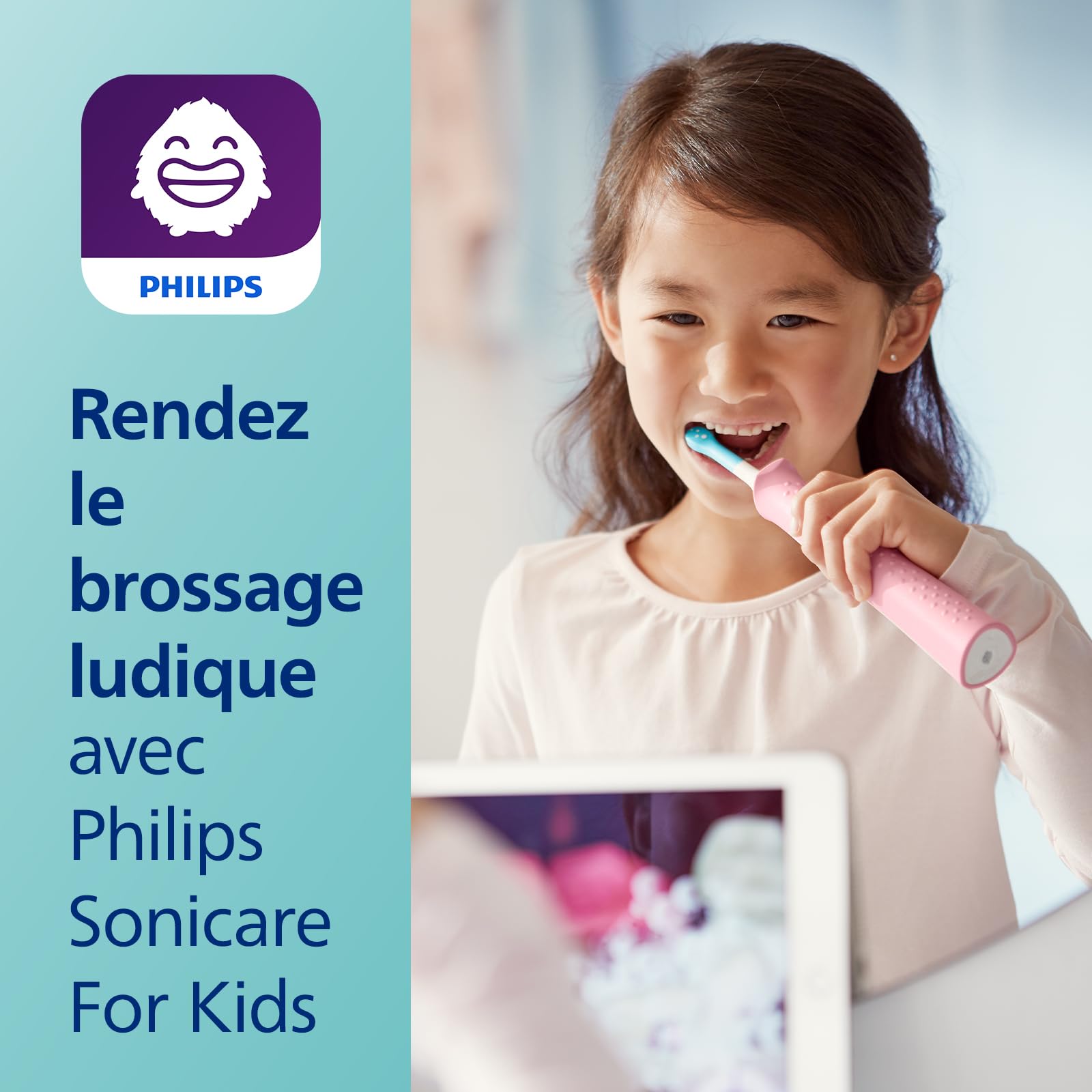 Philips Sonicare for Kids, brosse à dents électrique sonique avec application, pour enfant à partir de 3 ans, avec SmarTimer et QuadPacer pour un nettoyage en profondeur, rose, modèle HX6352/42