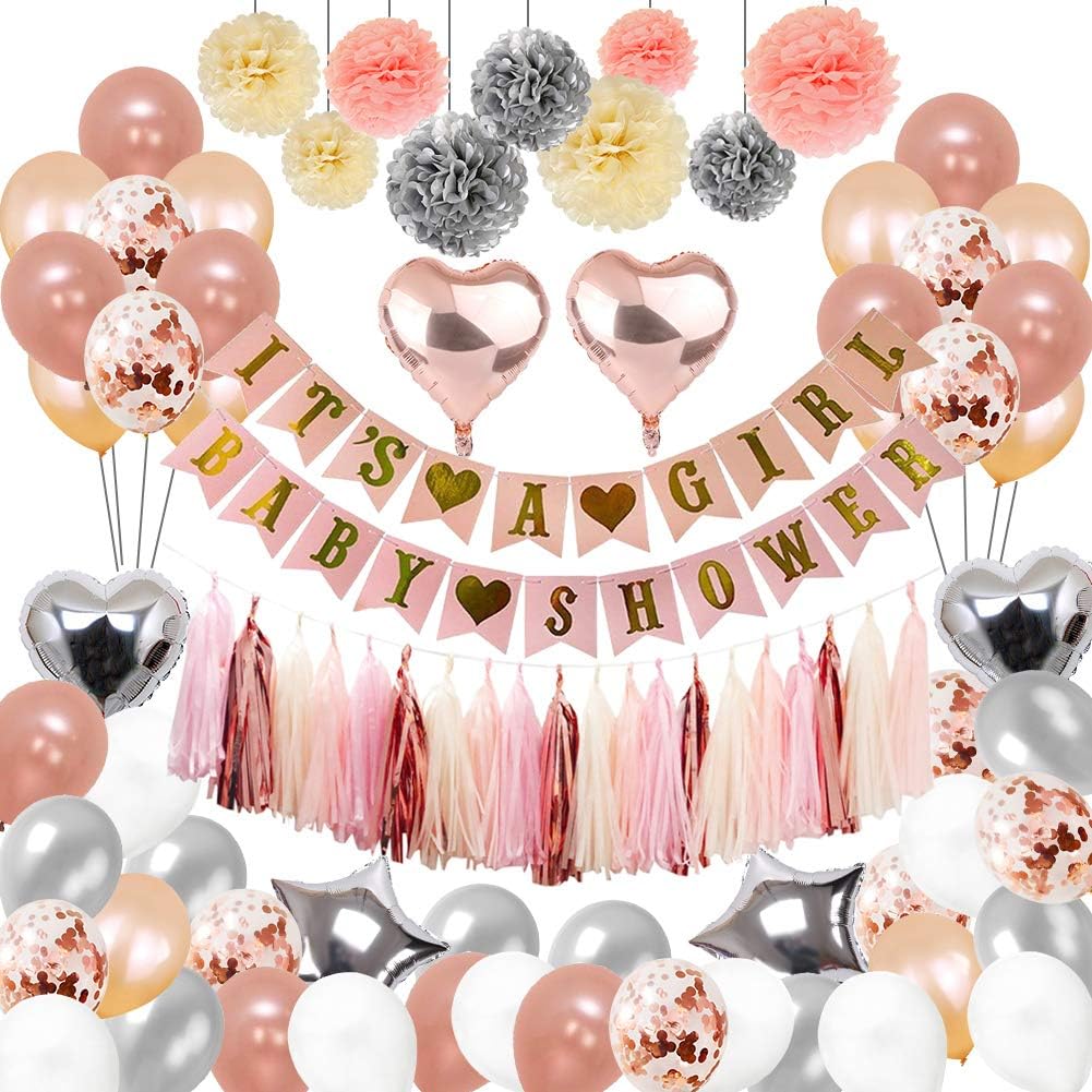 Baby Shower Decorations For Girl,the Party Supplies include 108Pcs Banners Paper Pompoms Heart-type Balloons Pentagram Balloons Rose Gold Balloons Tassels Color Ribbon Balloon Straw for Baby Girls