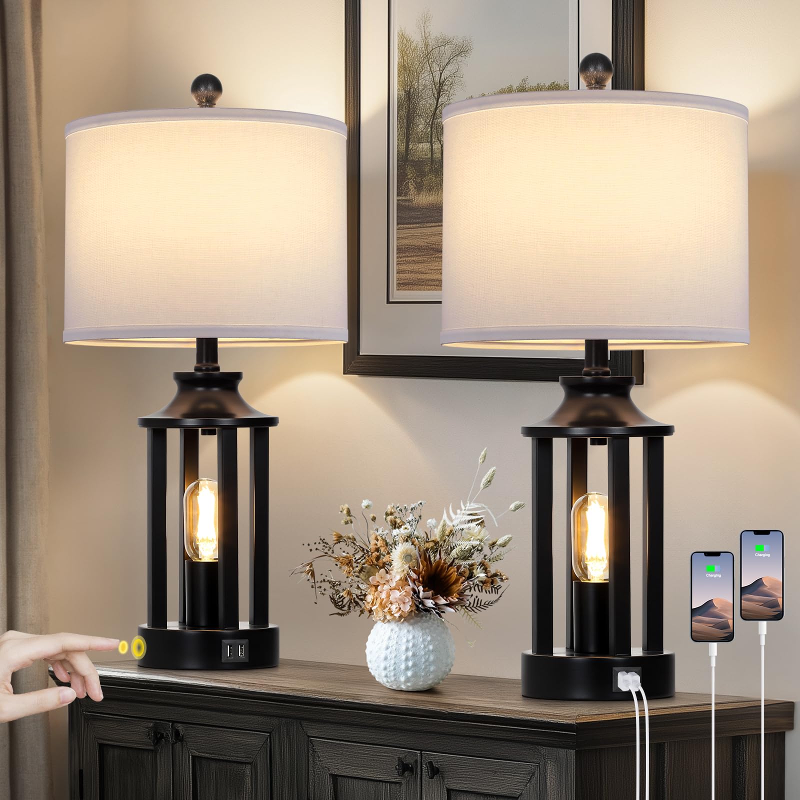 y❤︎ Black Living Room Lamps Set of 2, 3 Way Dimmable Touch