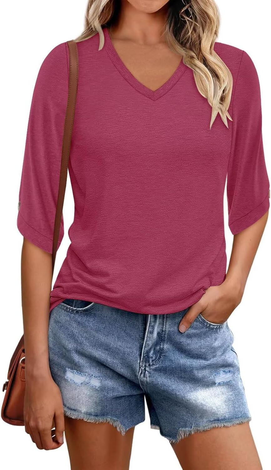 KISSMODA Women's Casual 3/4 Sleeve T-Shirts 2025 V-Neck Tunic Tops Cute Tees Blouses Loose Fit Business Work Tee Top - Image 2