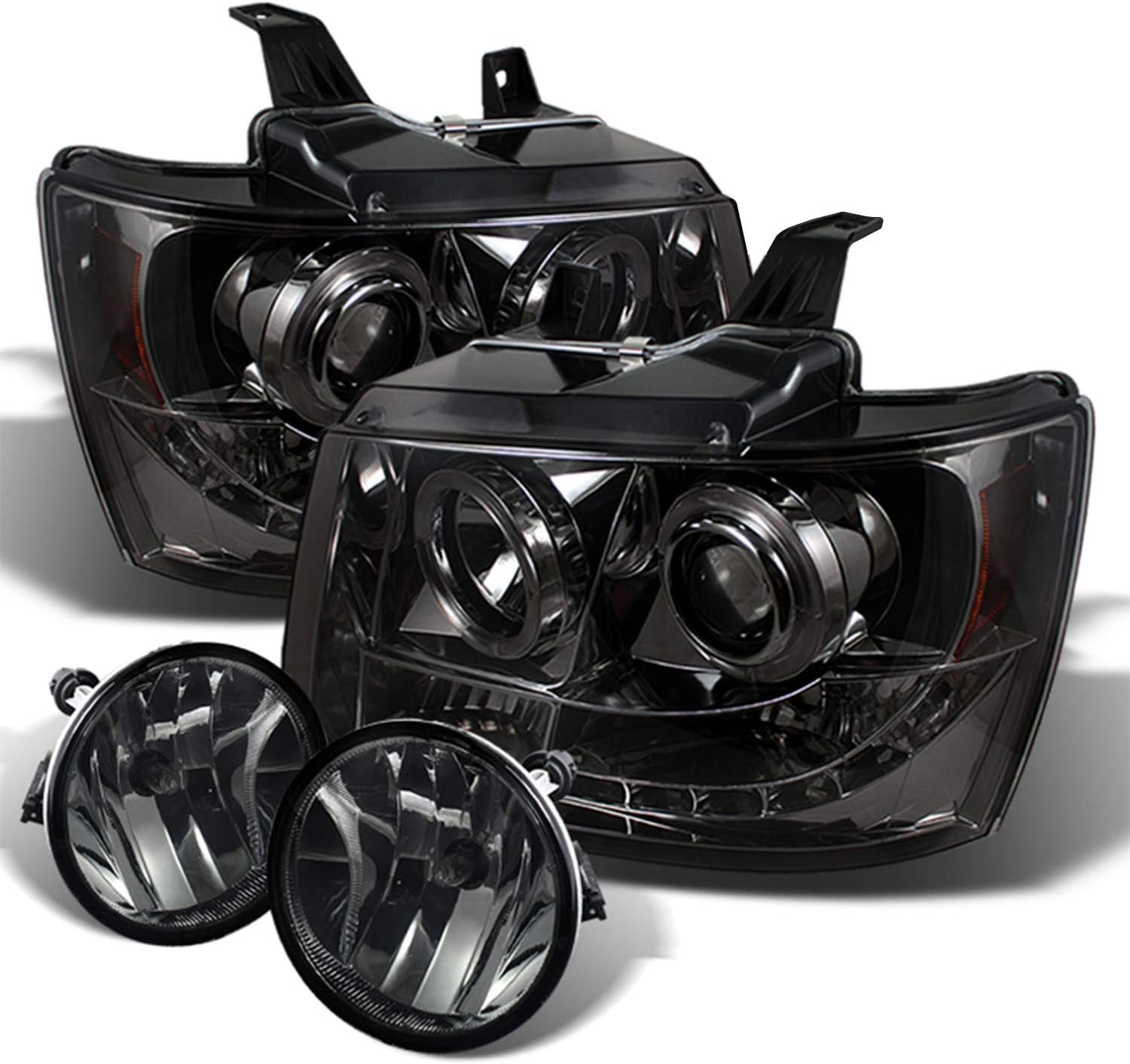AKKON - [Smoke Lens Fits 2007-2011 Tahoe Avalanche Suburban Dual LED Projector Headlights + Fog Lights Set