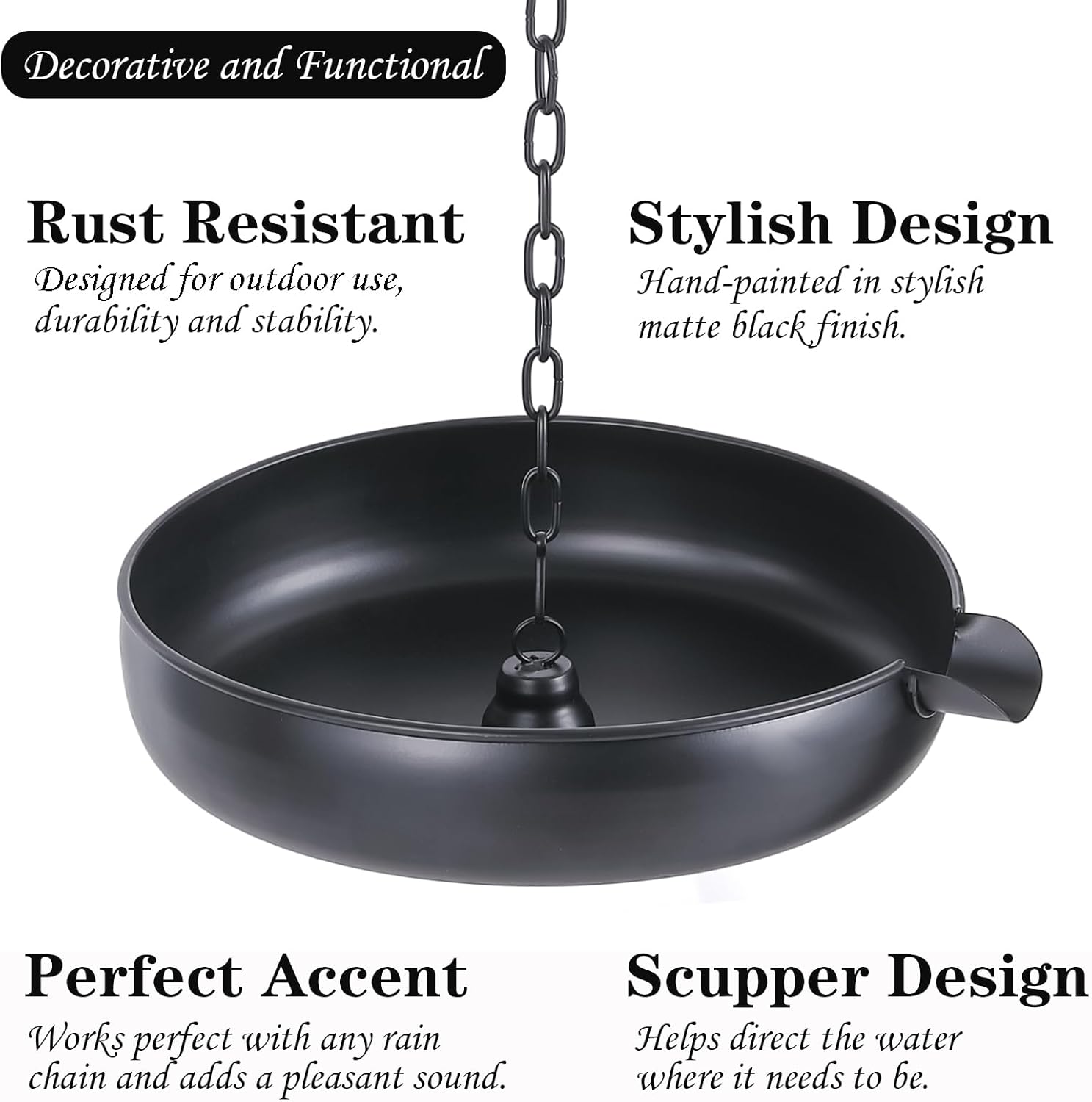 Rain Chain Anchoring Basin, Metal Bowl for Rain Chain Downspout Gutters, Black Rain Chain Basin of Chain Display for Outdoor Garden, Lawn and Patio Water Feature, 10.23 inch Diameter, 2 Inches High