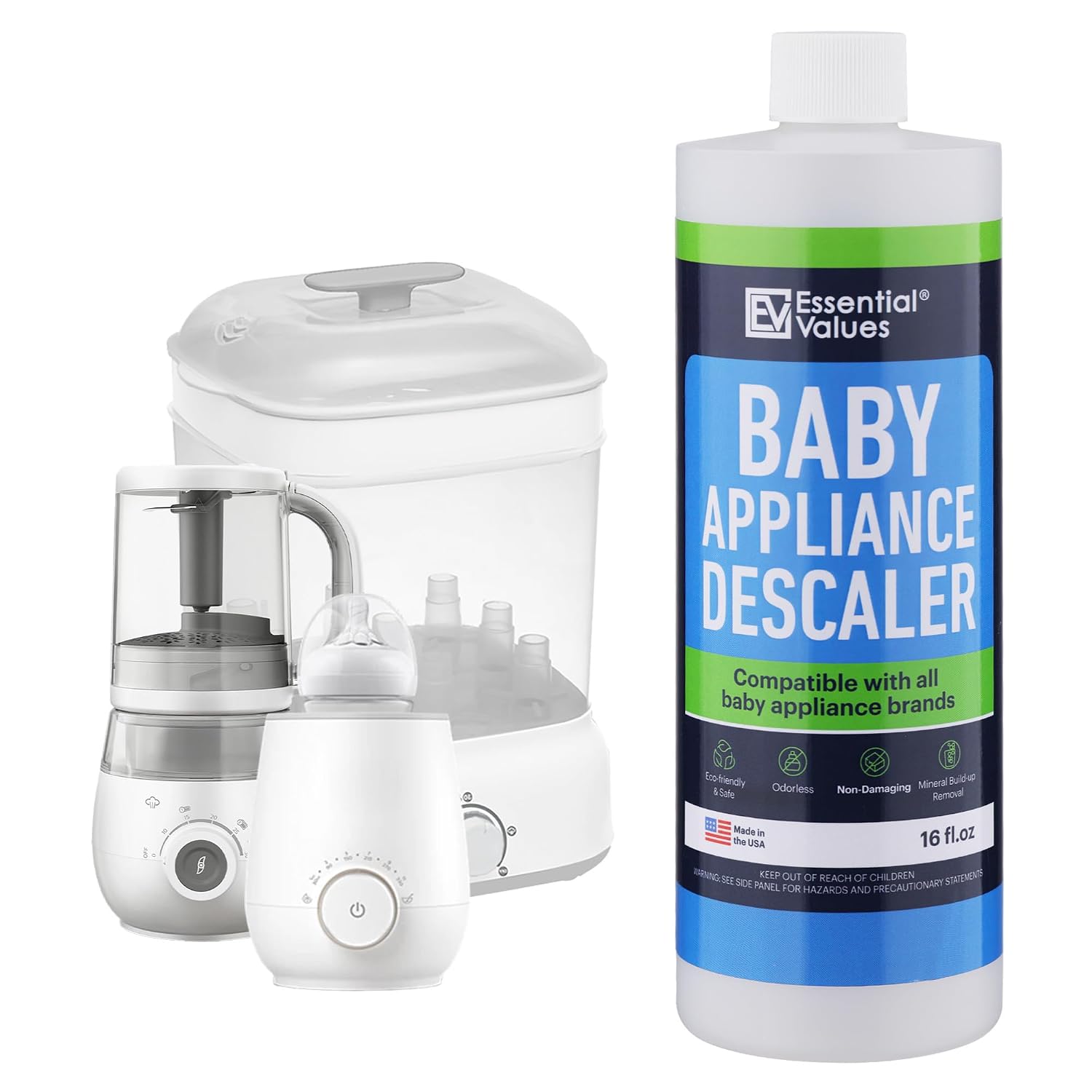 Essential Values Baby Appliance Descaler - Descaling Solution Compatible with Baby Brezza Philips Avent - Descale Your Appliances - Citric Acid Descaler 16 fl oz