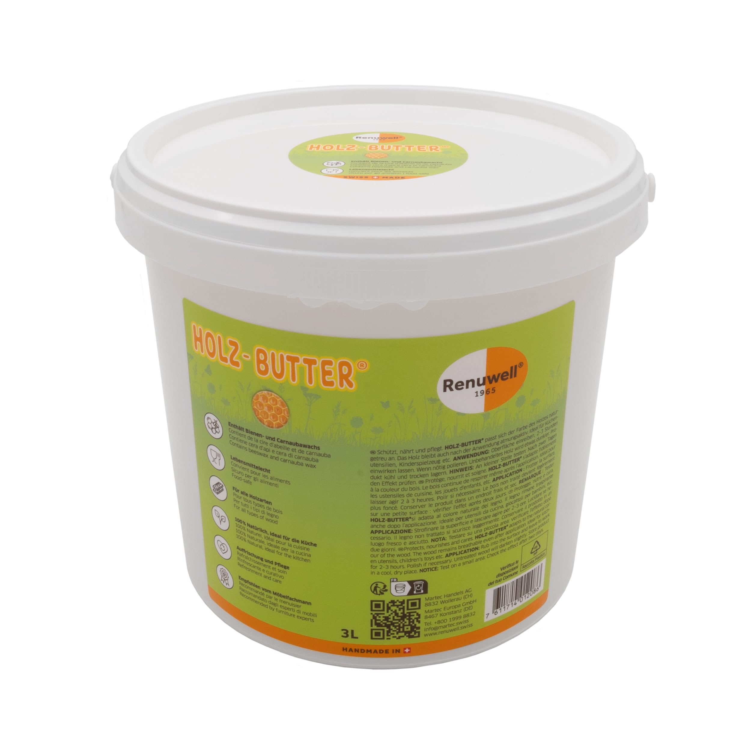 Renuwell Holz Butter, 3 Liter – Intensiv-Pflege für alle Holzarten, Möbelpflege 100% natürliche Inhaltsstoffe, Lebensmittelecht, hochwertiger Holzbalsam mit Bienenwachs, Schweizer Qualität