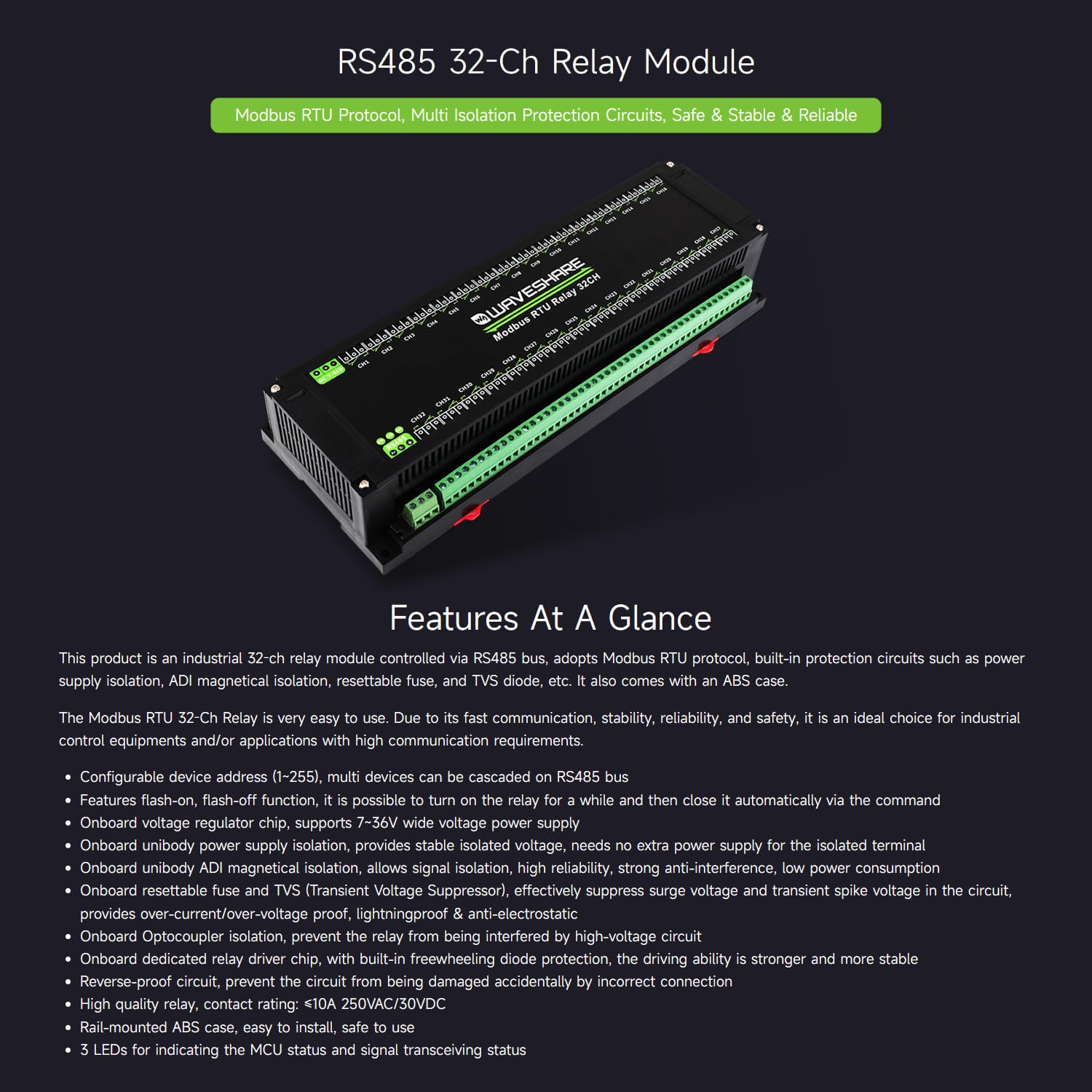 Waveshare Modbus RTU 32-Ch Relay Module, RS485 Interface, With Multiple Isolation Protection Circuits, Mainly Used for Industrial Control, Smart Home, Smart Agriculture, Breeding & Farming