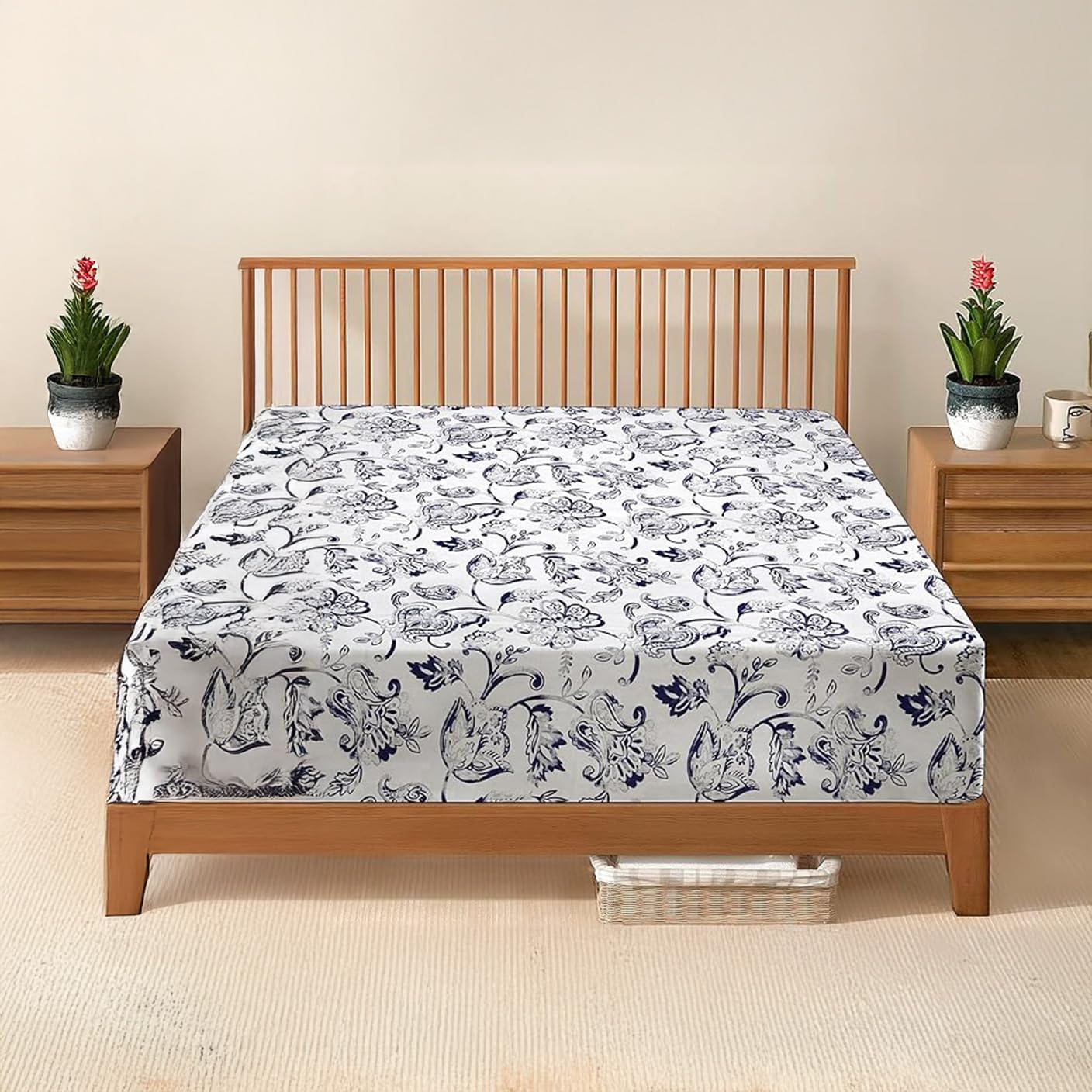 DANYDude 100% Egyptian Cotton Floral Printed Double Fitted Sheet 400 Thread Count Fitted Sheets Double Soft & Machine Washable 30cm/12” Extra Deep Fitted Bed Sheets Room Decor