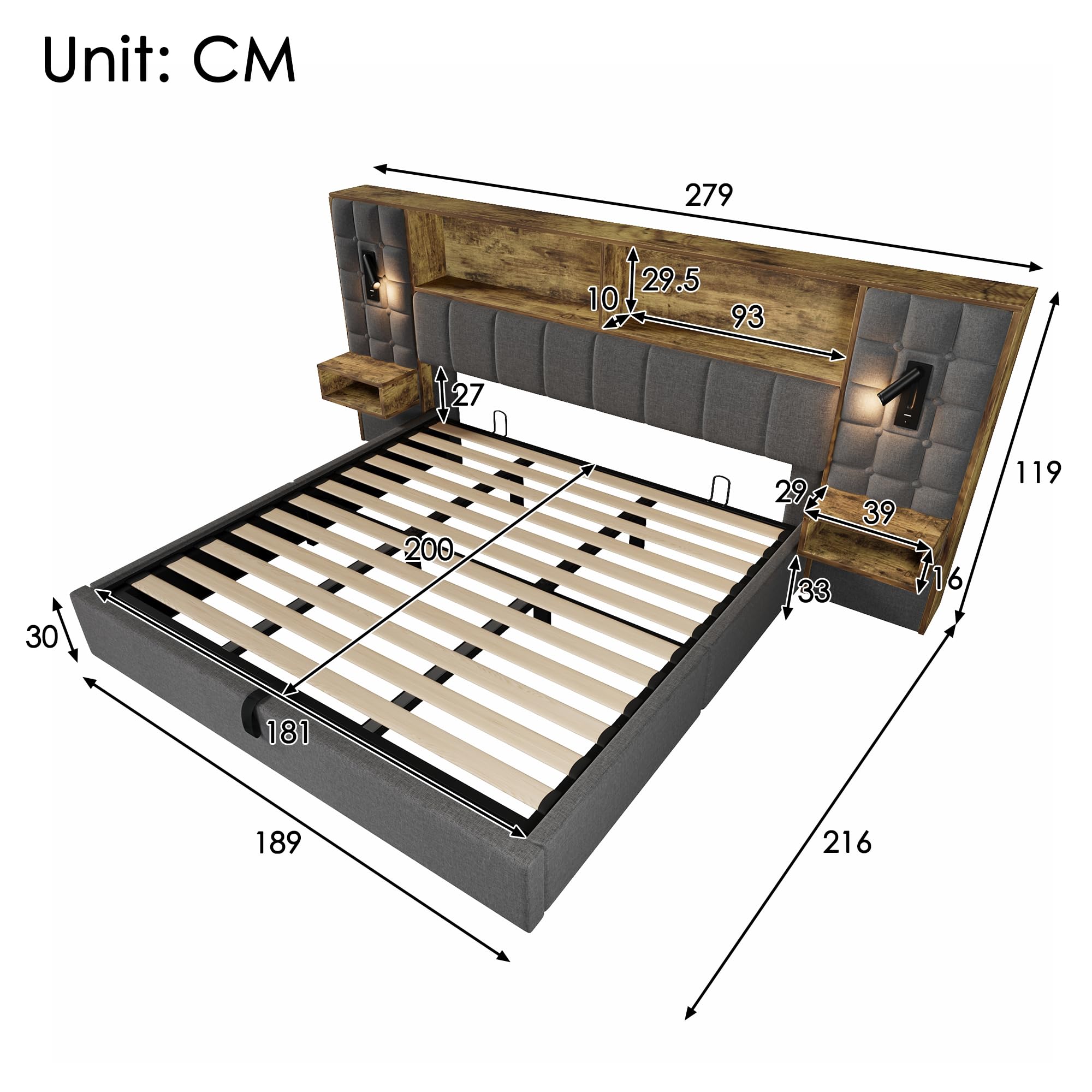 Merax Polsterbett Doppelbett 180x200cm, Hydraulisches Stauraumbett mit LED und Steckdosen, Jugendbett Betten mit Stauraum Kopfteil und 2 integr, Leinenstoff, inkl. Lattenrost, Ohne Matratze, Grau
