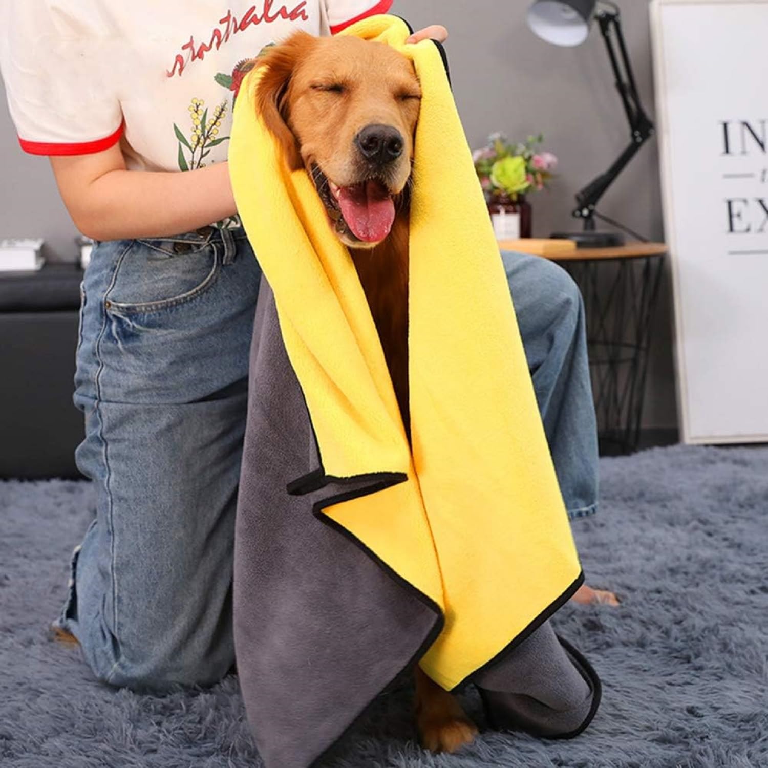 Dog Bath Towel Microfiber Pet Drying Cloth for Puppy Kitty Grooming, Yellow&Grey (40 x 60 cm-Pack of 1)-image-37