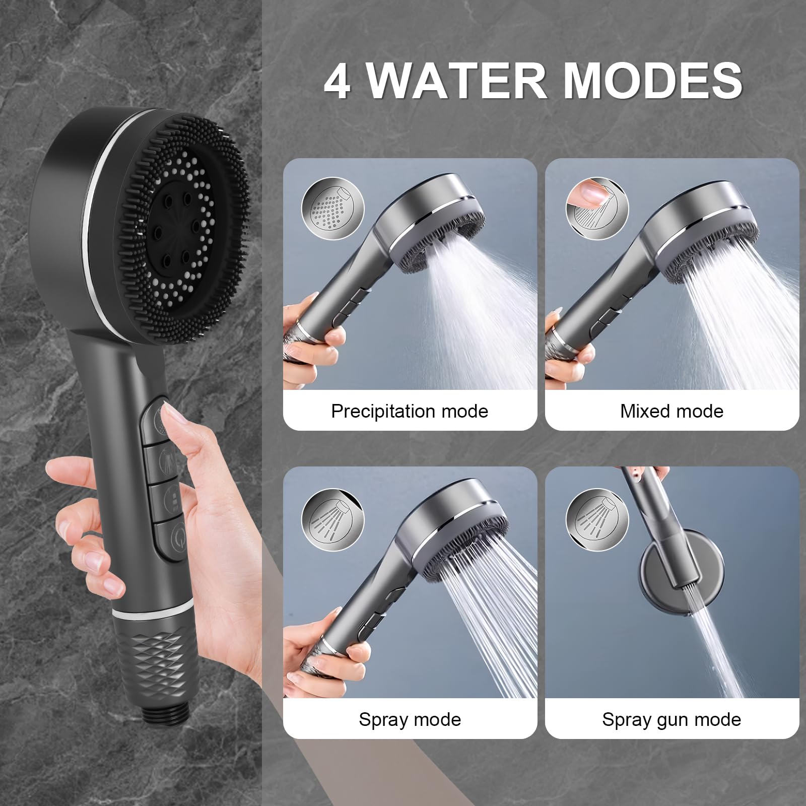 Soffione Doccino per Doccia Anticalcare con Filtro, con 1.5m Tubo Doccetta, 4 Modi Funzione alta Pressione Shower Head Risparmio Idrico, Grigio