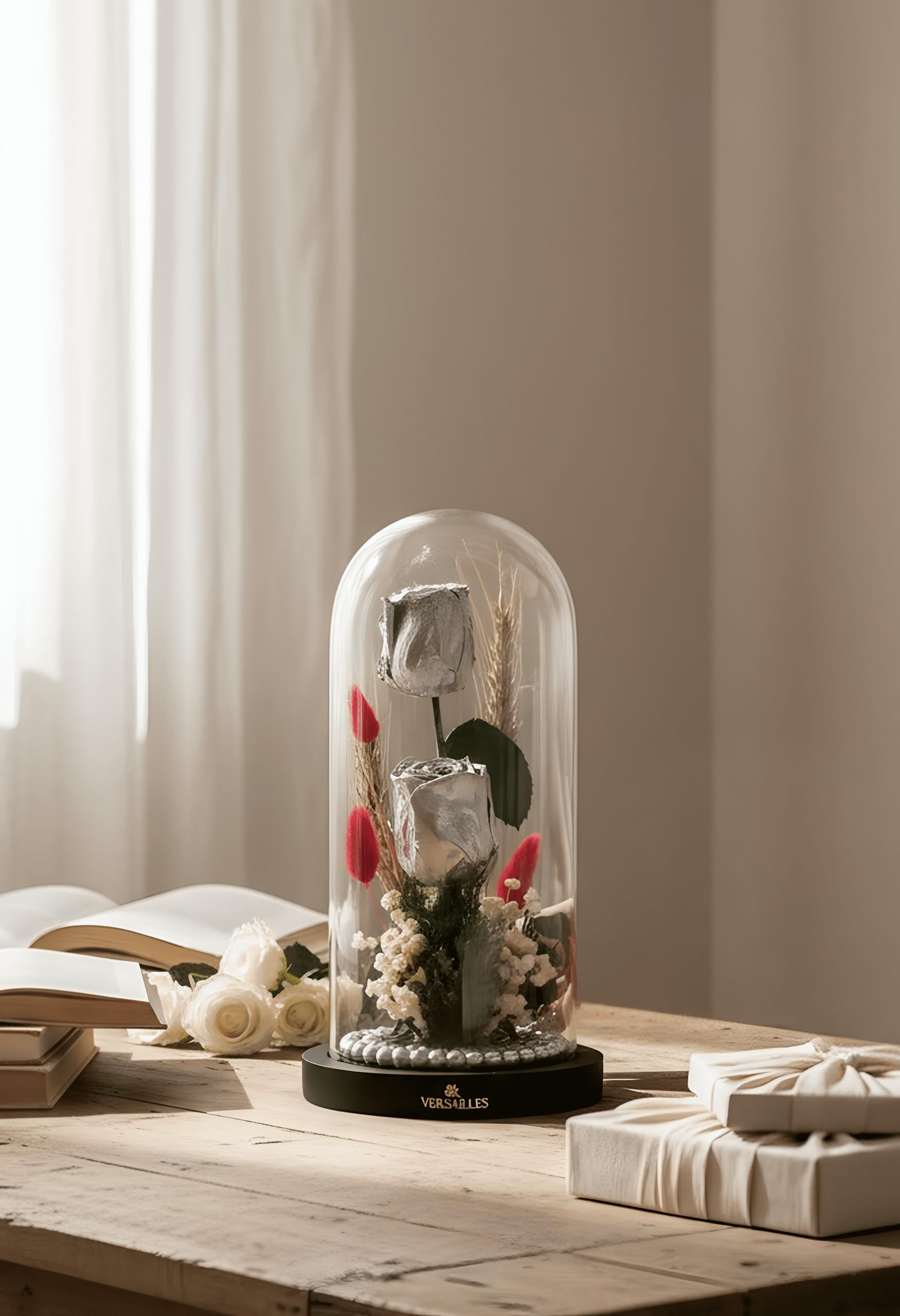 Versailles Preserved Rose in Glass Dome, Double Silver, Multicolor, Home Decor and Interior Decoration, 440 Grams-image-25