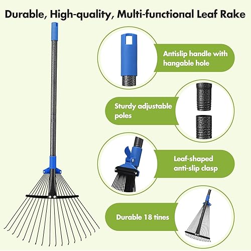 Miniatura 5 de Rastrillo de hojas de jardín, rastrillo de patio con cabeza de ancho ajustable de 9 a 18 pulgadas, rastrillo para césped resistente con mango