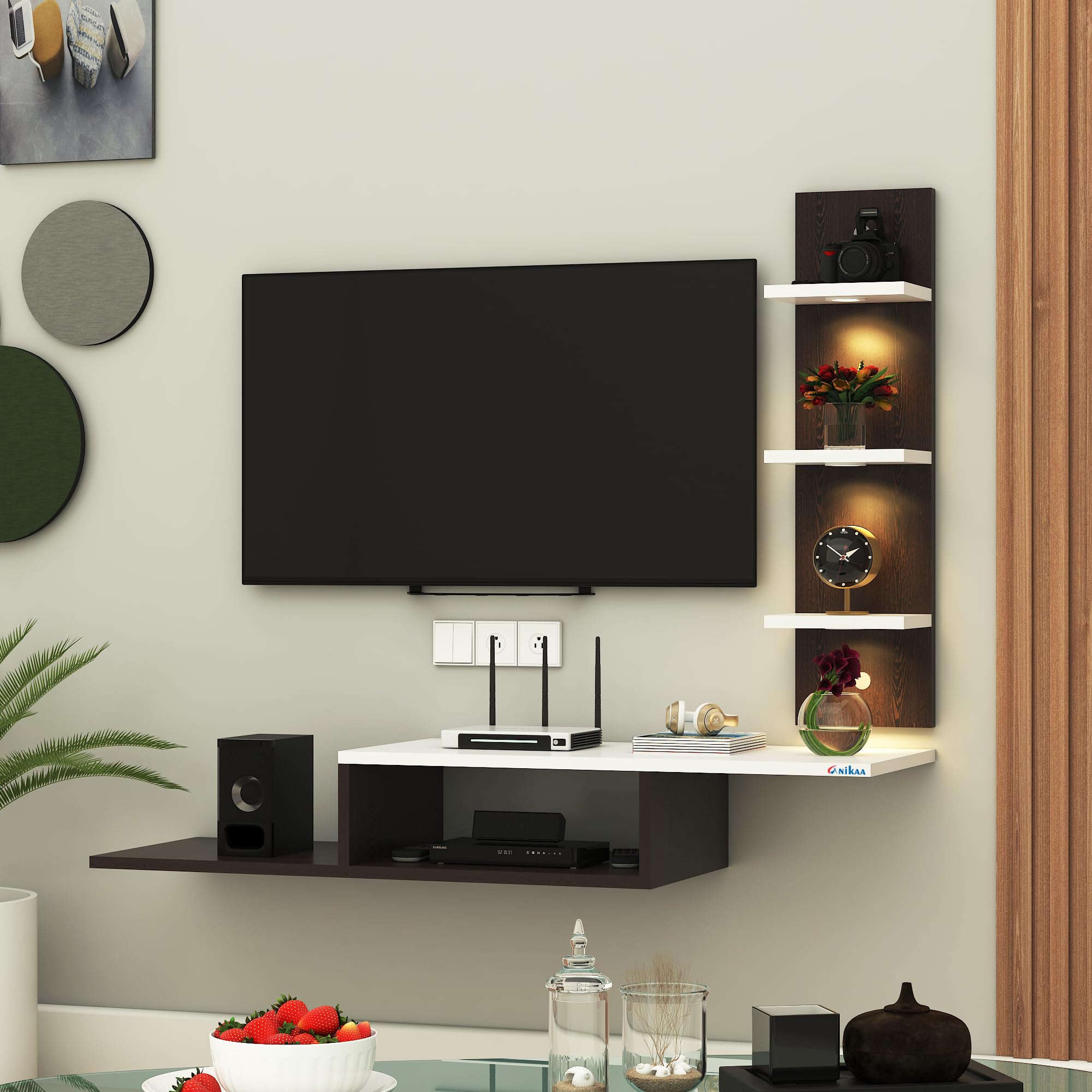 Anikaa Engineered Wood LED Light TV Unit Wall Mounted TV Unit Cabinet with Shelves Display Unit for Living Room, Set Top Box Stand - Wenge/White (D.I.Y - Do-It-Yourself) Ideal for Up to 43" Inches