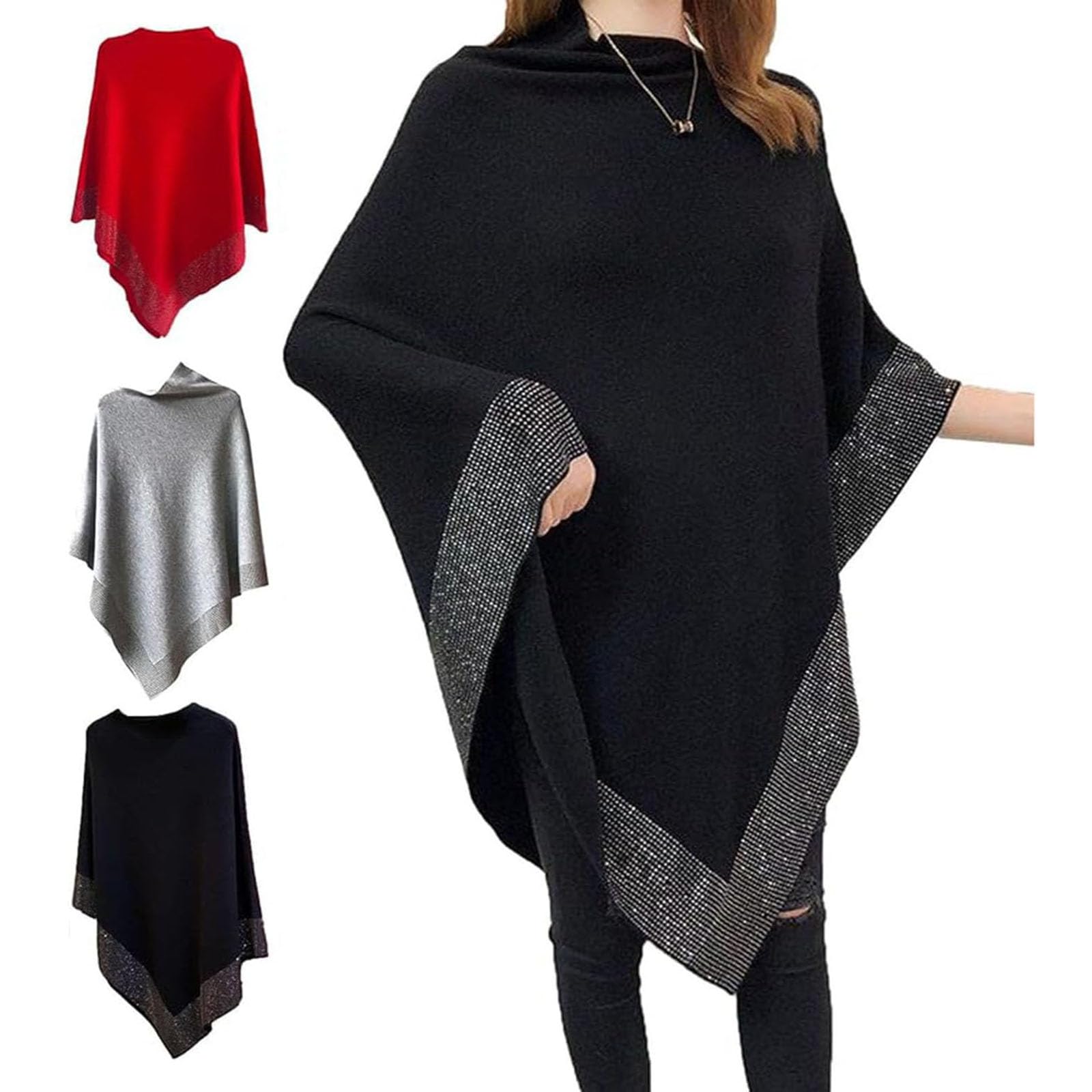 Scialle di lana da donna lucido, scialle irregolare con strass, elegante poncho scialle lavorato a maglia