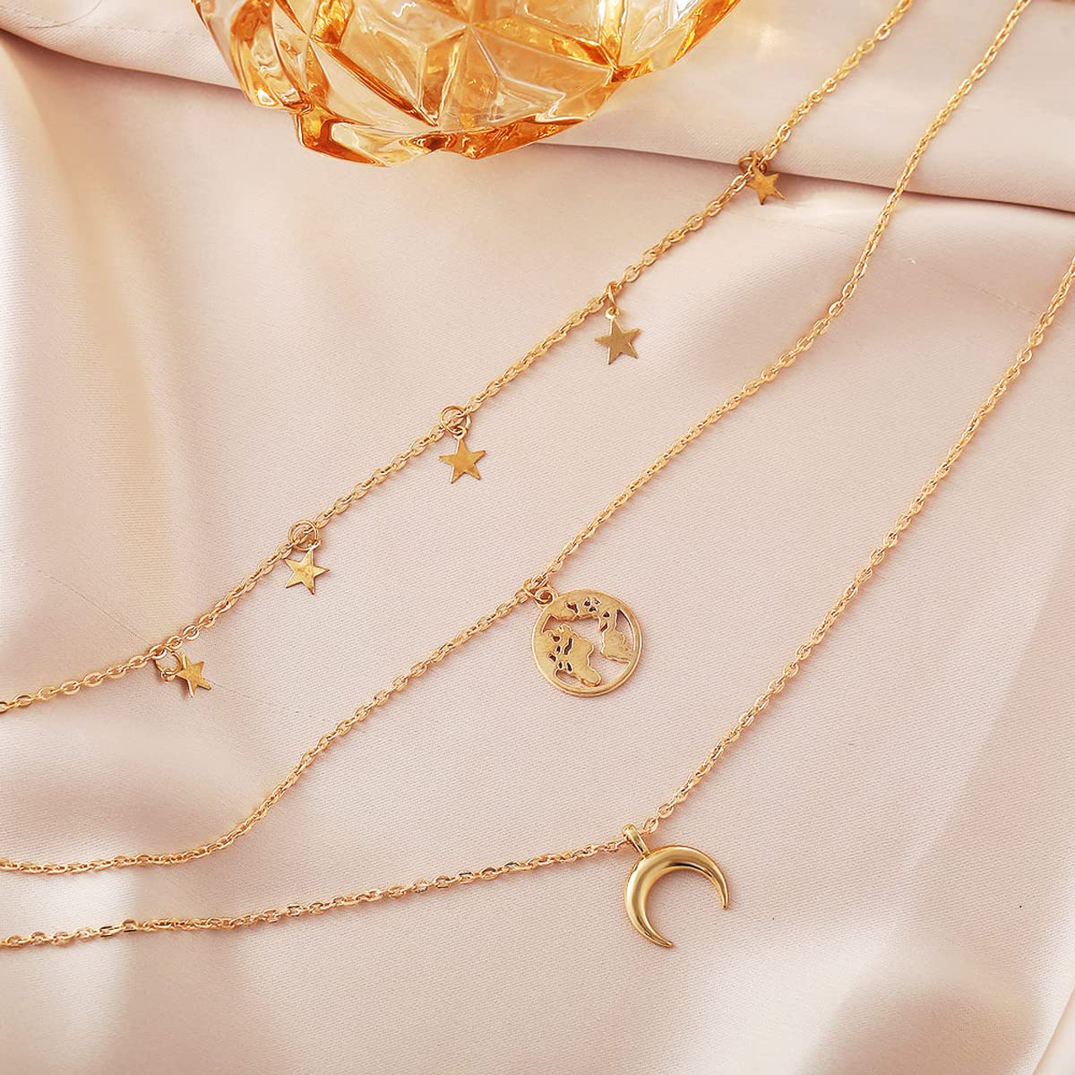 Glamorous Plated Triple Layered Moon Star Necklace