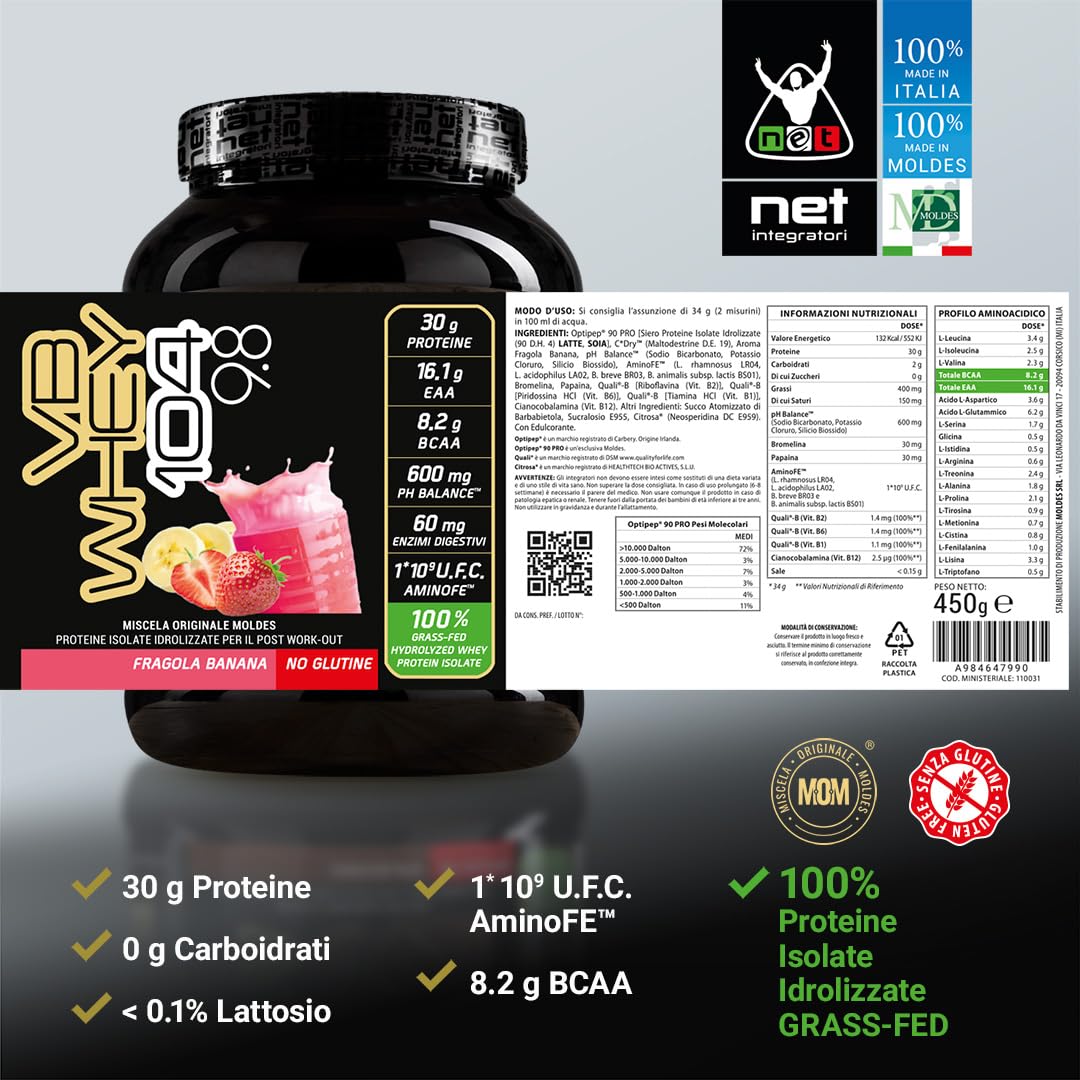 NET Integratori VB WHEY 104 9.8 Optipep - 450g Fragola Banana - Proteine Isolate Idrolizzate per via Enzimatica Con EAA e BCAA - Massimizza Sintesi Proteica, Crescita e Mantenimento Muscolare