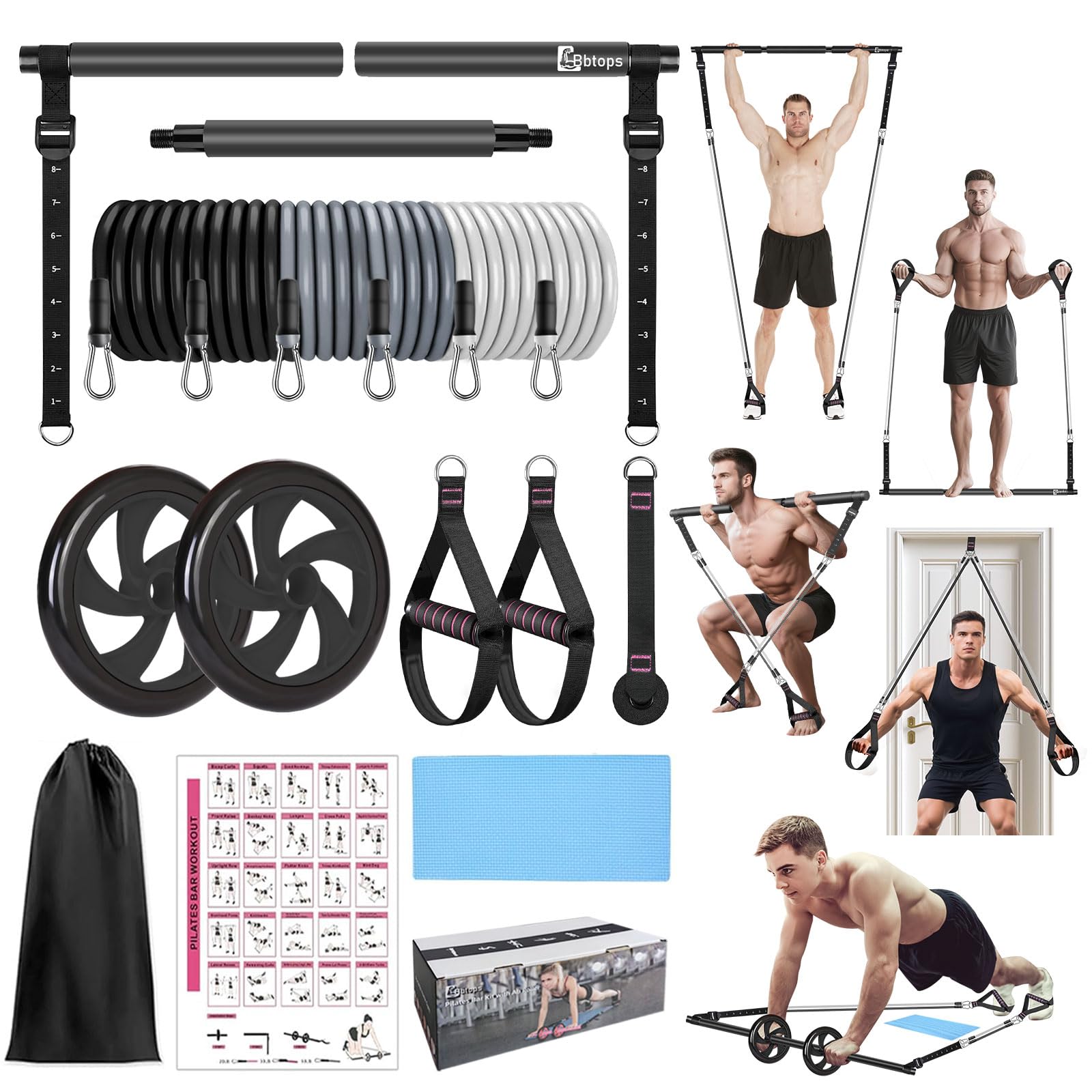 BBTOPS Pilates Bar Kit with Resistance Bands,Ab Roller,2 in 1 Foot Strap &amp; Handle,Door Anchor Pilates Equipment with Resistance Bands, Portable Home Gym Yoga Fitness Bar for Women &amp; Men
