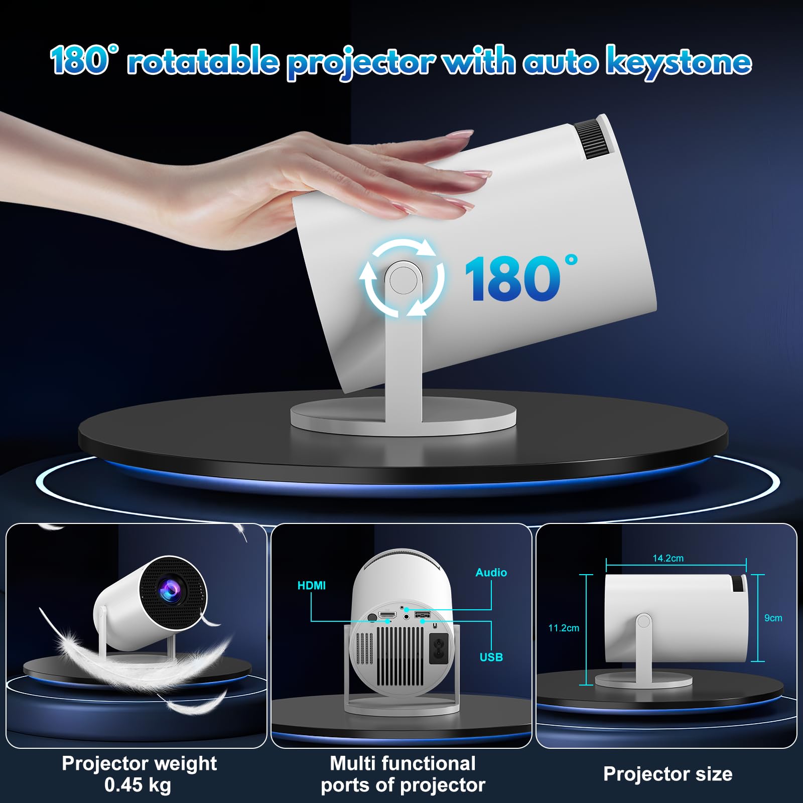 [App Integrada] Mini Proyector 2026 Upgraded Proyector Portátil, Dual Control con Ratón WiFi 6 BT5.2 180° Rotation Compatible con HDMI/TV Stick/USB/Laptop, con Ratón, Blanco