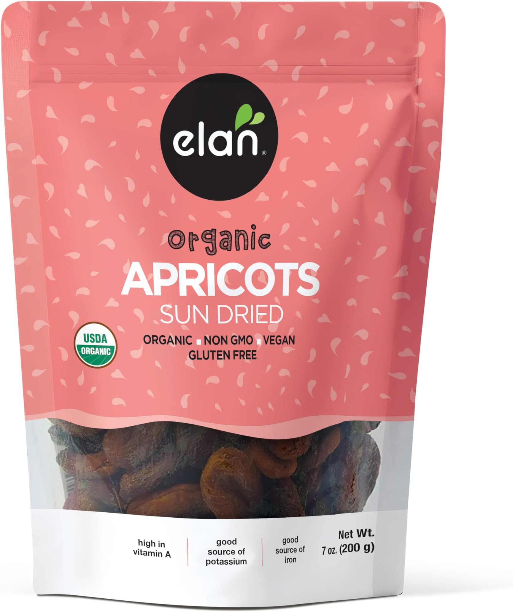 Elan Organic Sun-Dried Apricots, 7 oz, Dried Fruits, No Sulphites, No Sugar Added, Non-GMO, Vegan, Gluten-Free, Kosher, Naturally Sweet Snacks, Turkish Apricots