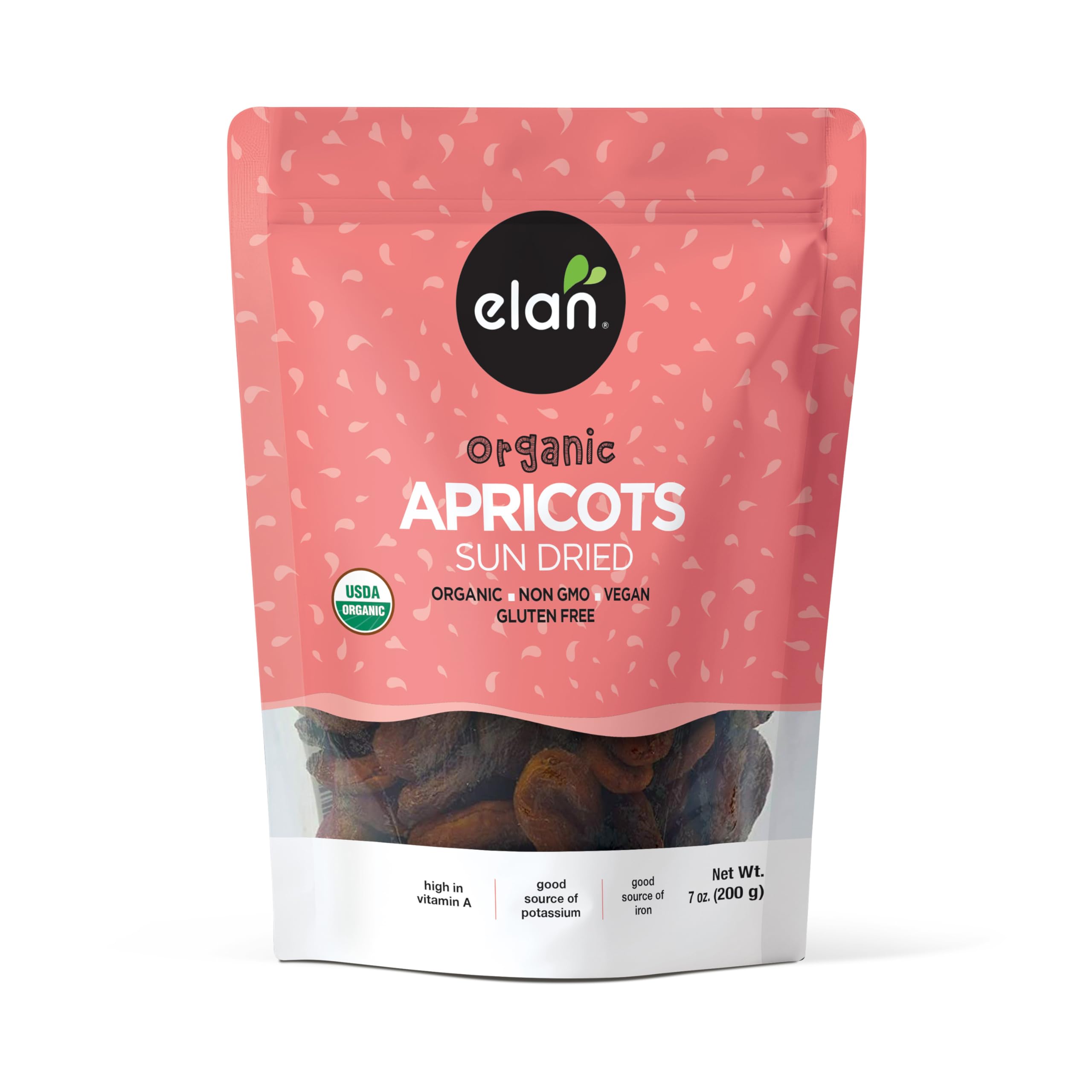 Elan Organic Sun-Dried Apricots, 7 oz, Dried Fruits, No Sulphites, No Sugar Added, Non-GMO, Vegan, Gluten-Free, Kosher, Naturally Sweet Snacks, Turkish Apricots