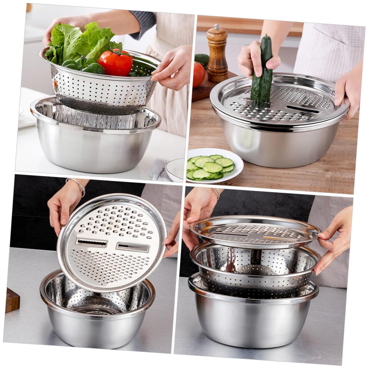 Homoyoyo 3-in-1 Gemüseschneider und Küchensieb aus Edelstahl mit Verdicktem Großem Rand Multifunktionalem Design für Kochen und Hausküchen