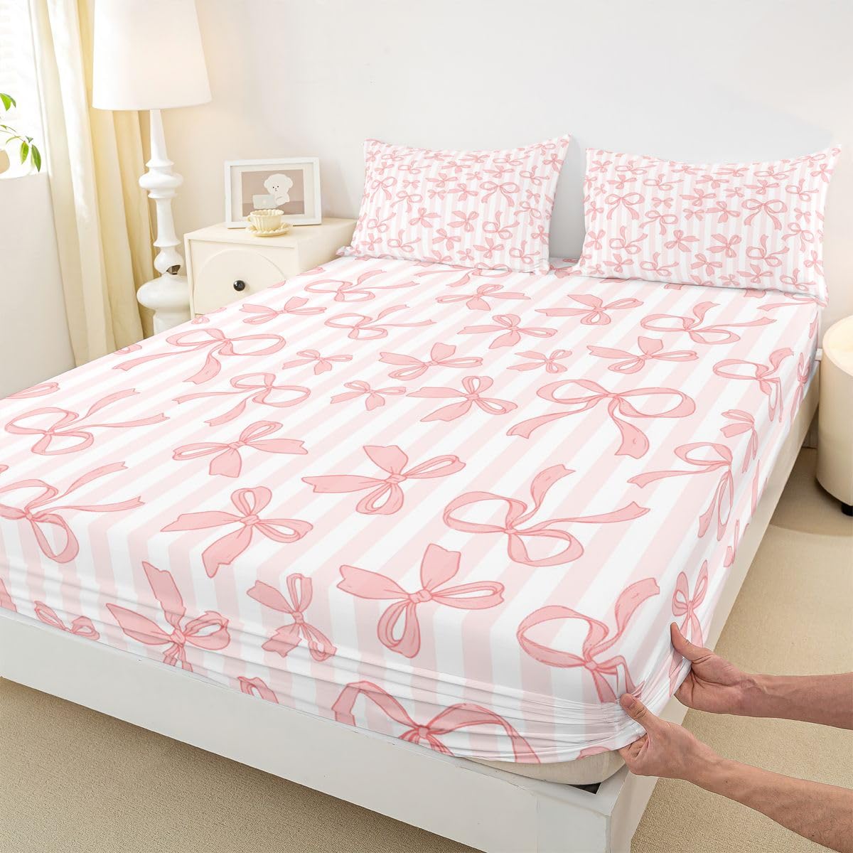 Juego de sábanas bajeras de 3 piezas con diseño de camafeo con lazo, color marrón, tamaño King (no plana), suave y suave, decoración de habitación de niñas y adultos, funda de cama romántica con rayas
