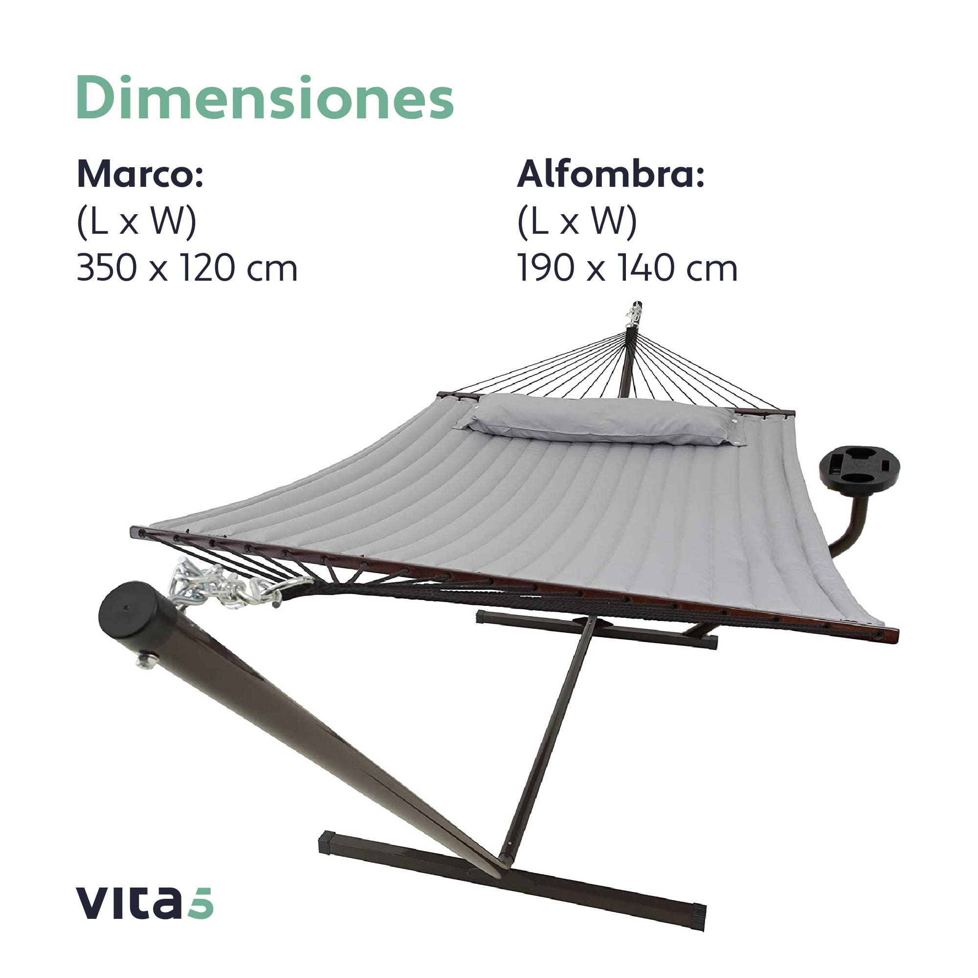 VITA5 Hamaca Doble con Soporte y Mesa Auxiliar 200 kg | Disfruta del Descanso en Jardín o Piscina con Portabebidas Integrado y Espacio para Dos Personas