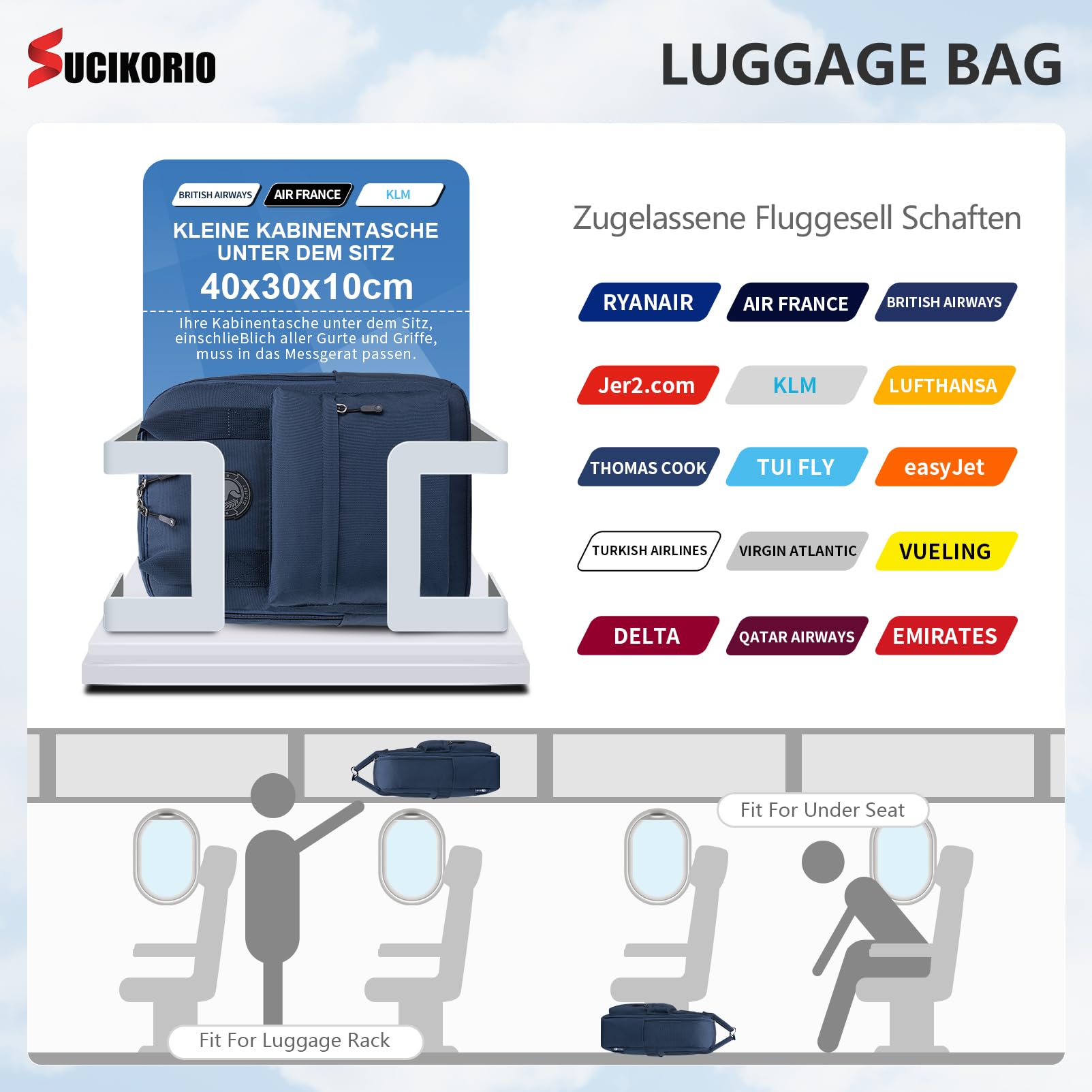40x30x10cm Lufthansa British Airways Reiserucksack Handgepäck Flugzeug, Wasserdicht Oxford Handgepäck Travel Rucksack mit 14 Zoll Laptopfach Daypack Schulrucksack für Damen, Herren, Reisen