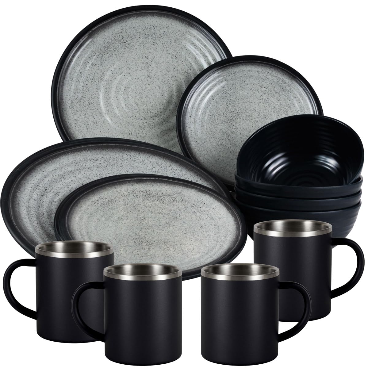 Melamin Geschirr Set Grau Schwarz Edelstahl Thermo Tassen Tonoptik Camping